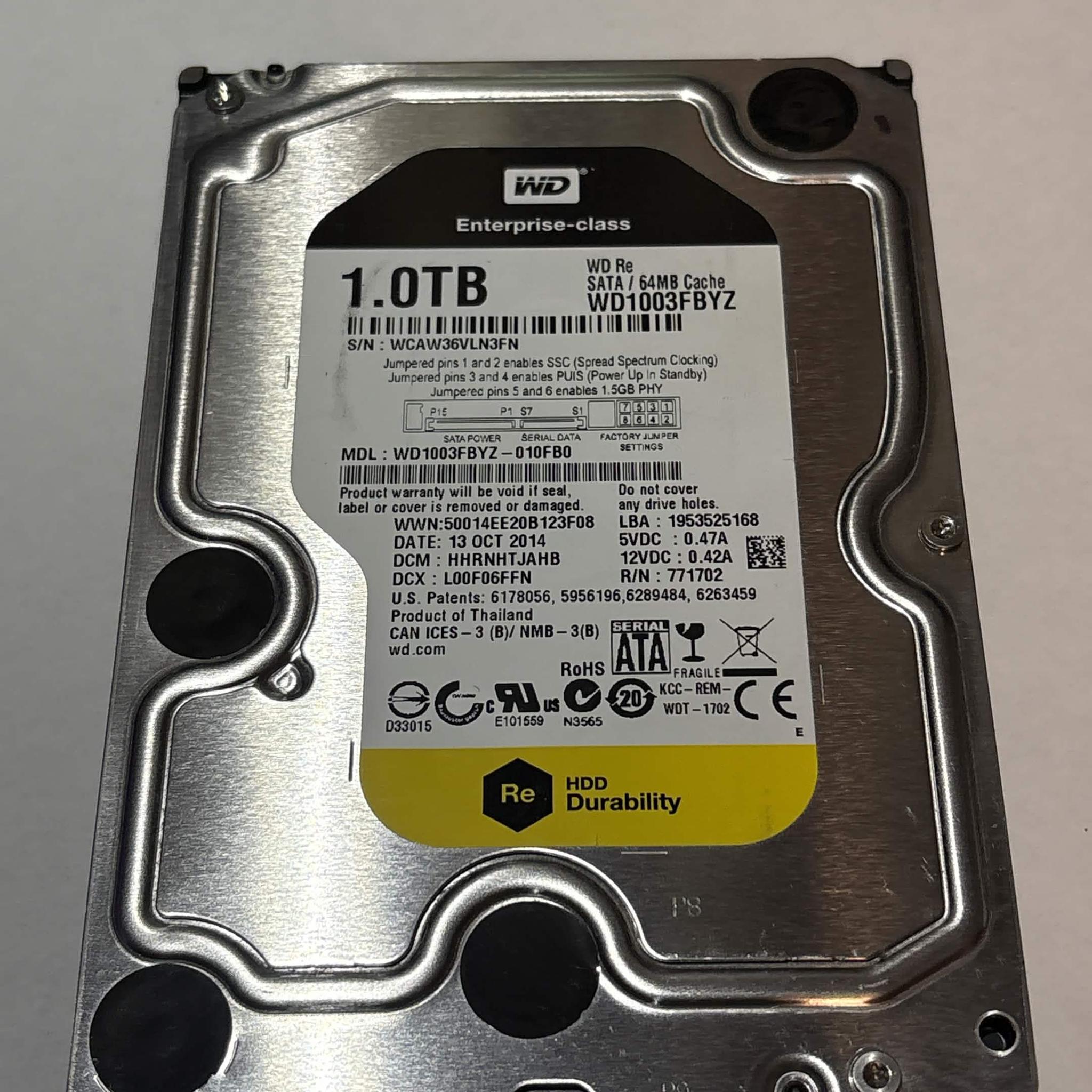 WD Re 1TB Enterprise HDD – 7200RPM 64MB Cache SATA – WD1003FBYZ – Good SMART