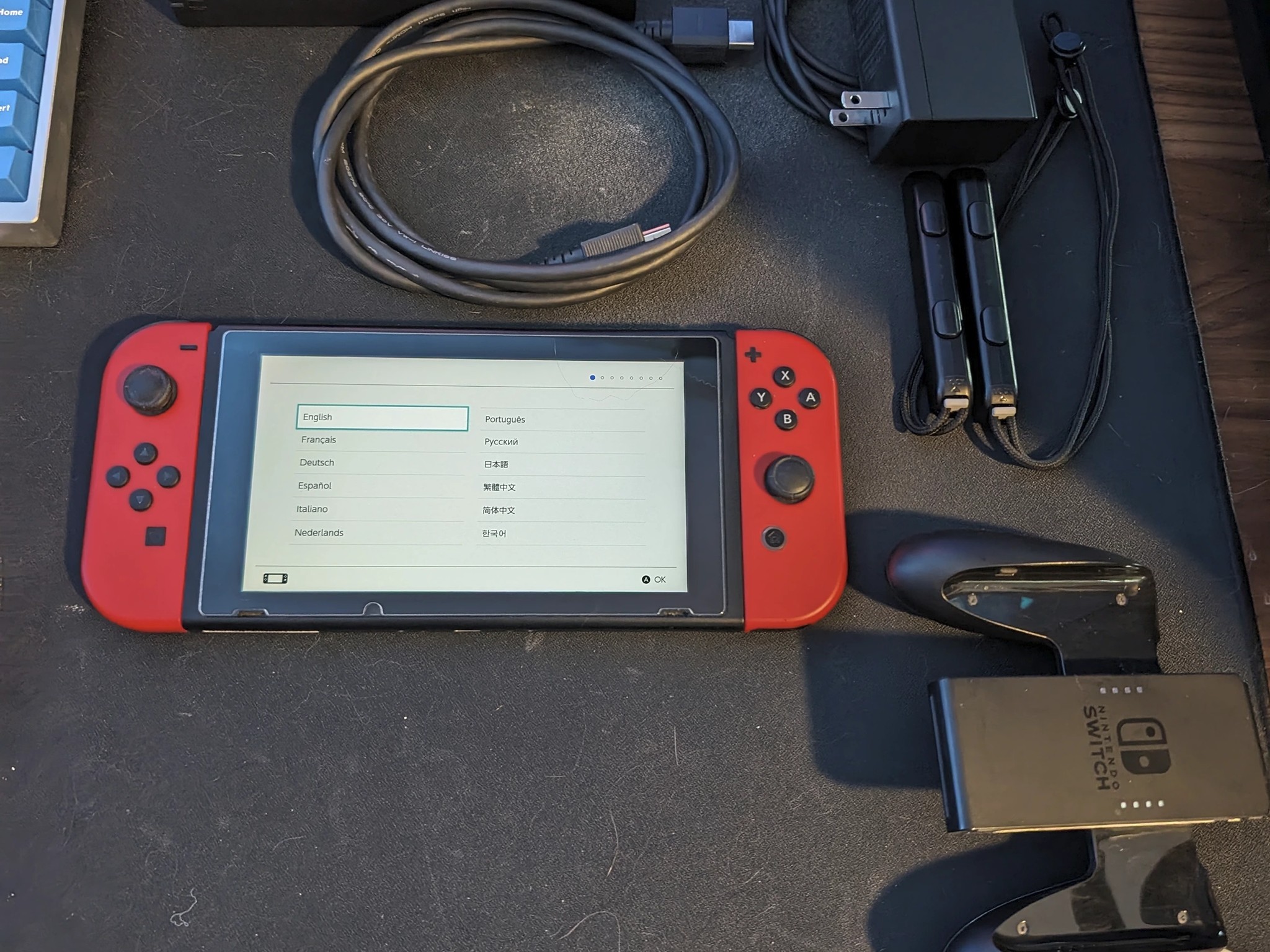 Nintendo Switch 32GB - All Original Accessories + Mario Red Joy Con Pair