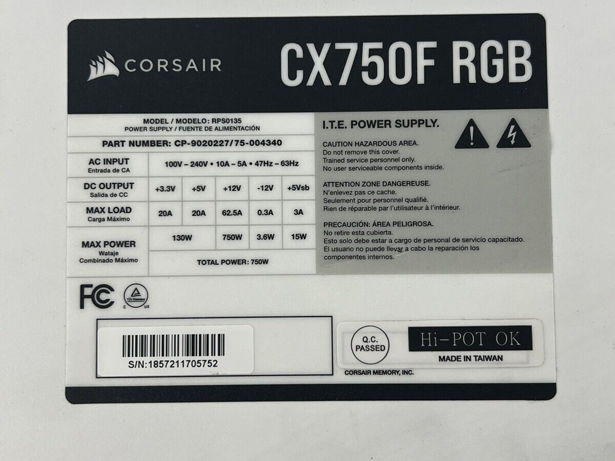 Corsair White CX750F RGB 750 Watt 80 PLUS Bronze Power Supply