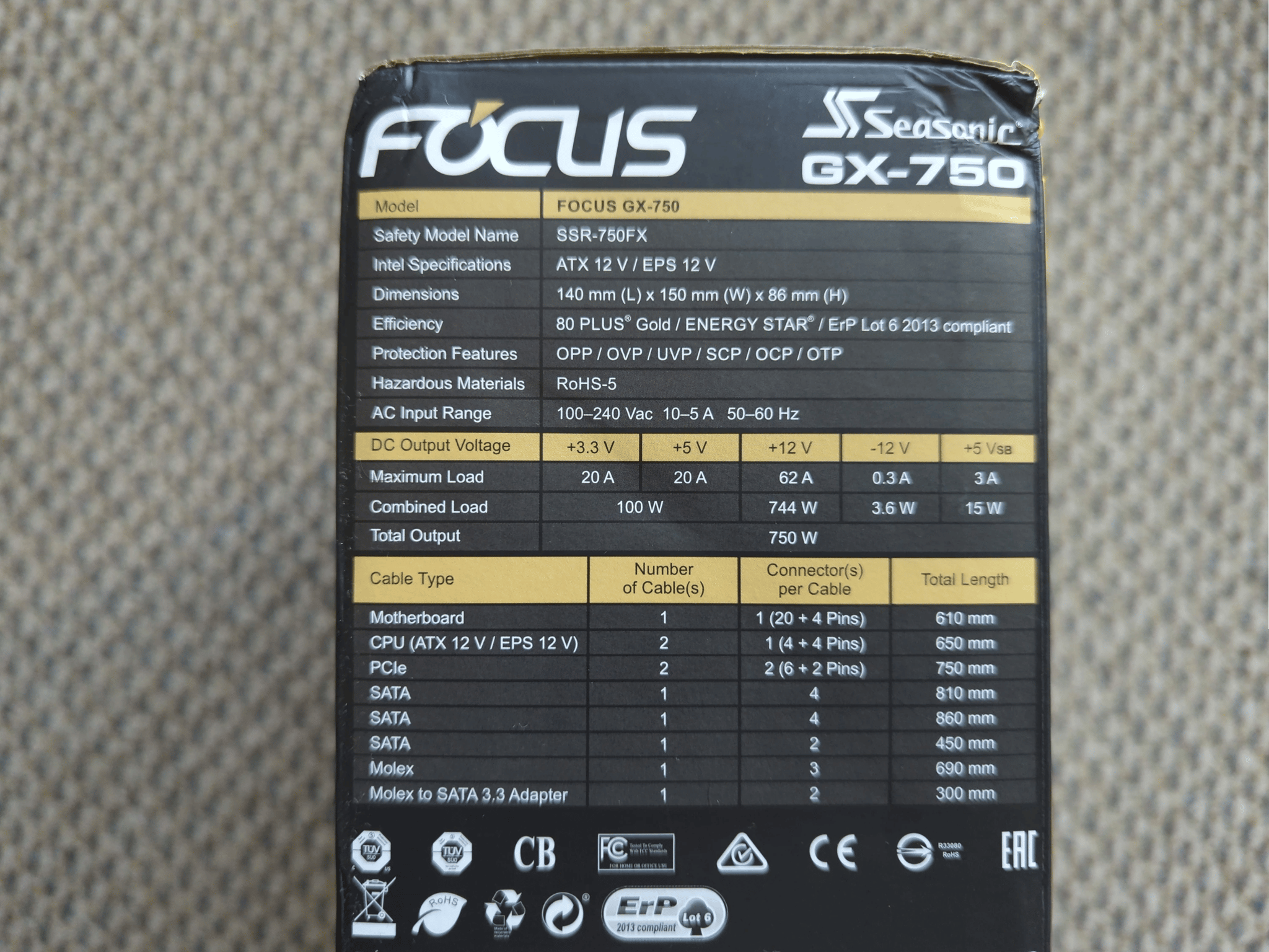 Seasonic FOCUS GX-750, 750W 80+ Gold, Full-Modular Power Supply Unit (used)