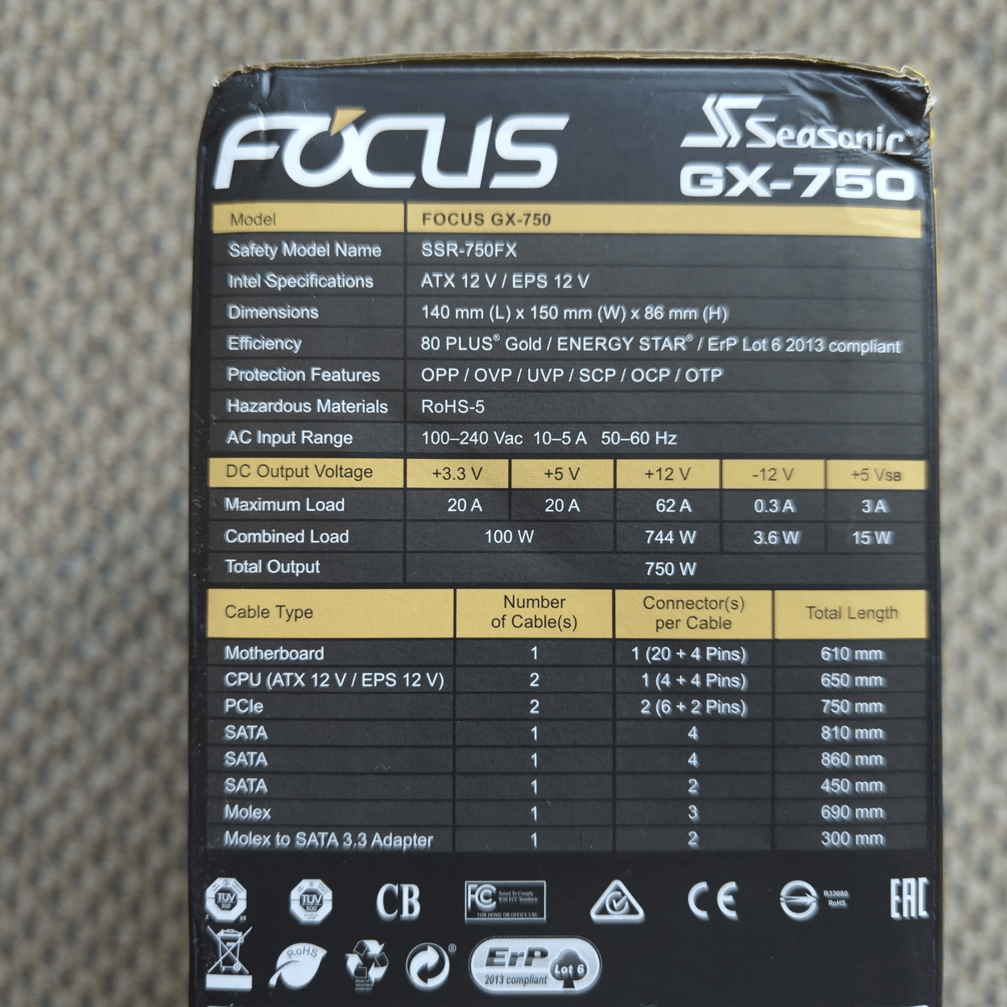 Seasonic FOCUS GX-750, 750W 80+ Gold, Full-Modular Power Supply Unit (used)