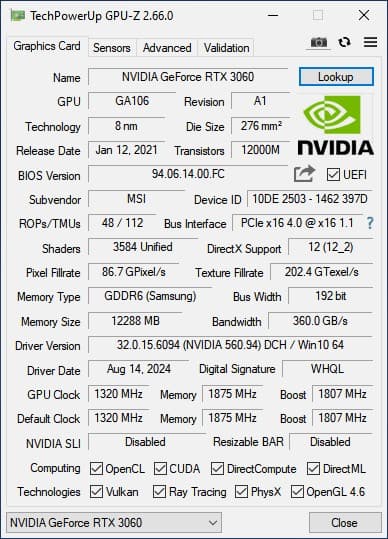 MSI RTX 3060 VENTUS 2X OC Nvidia