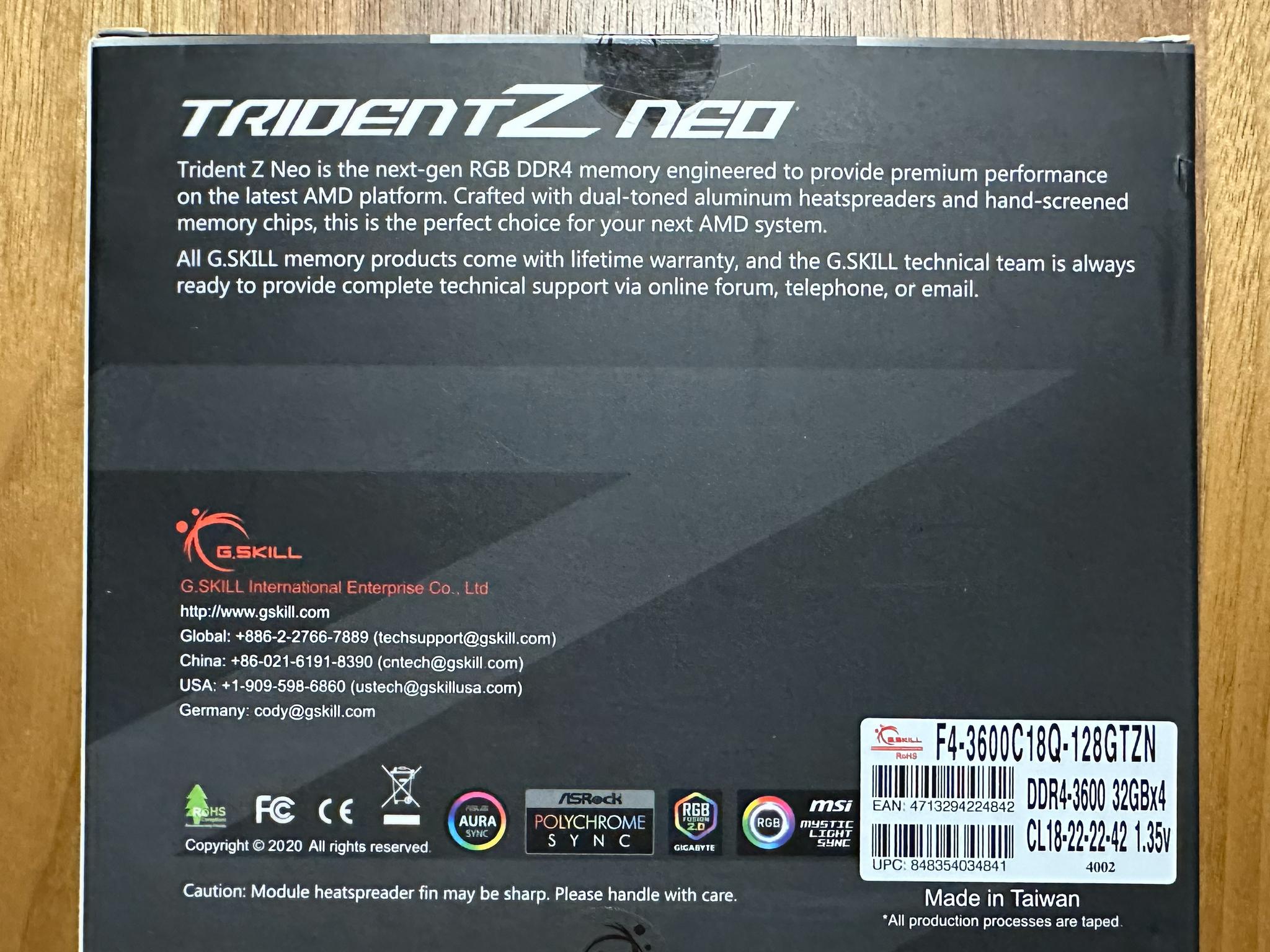 G.Skill Trident Z Neo 128GB RAM	4 x 32GB Sticks DDR4-3600 CL18