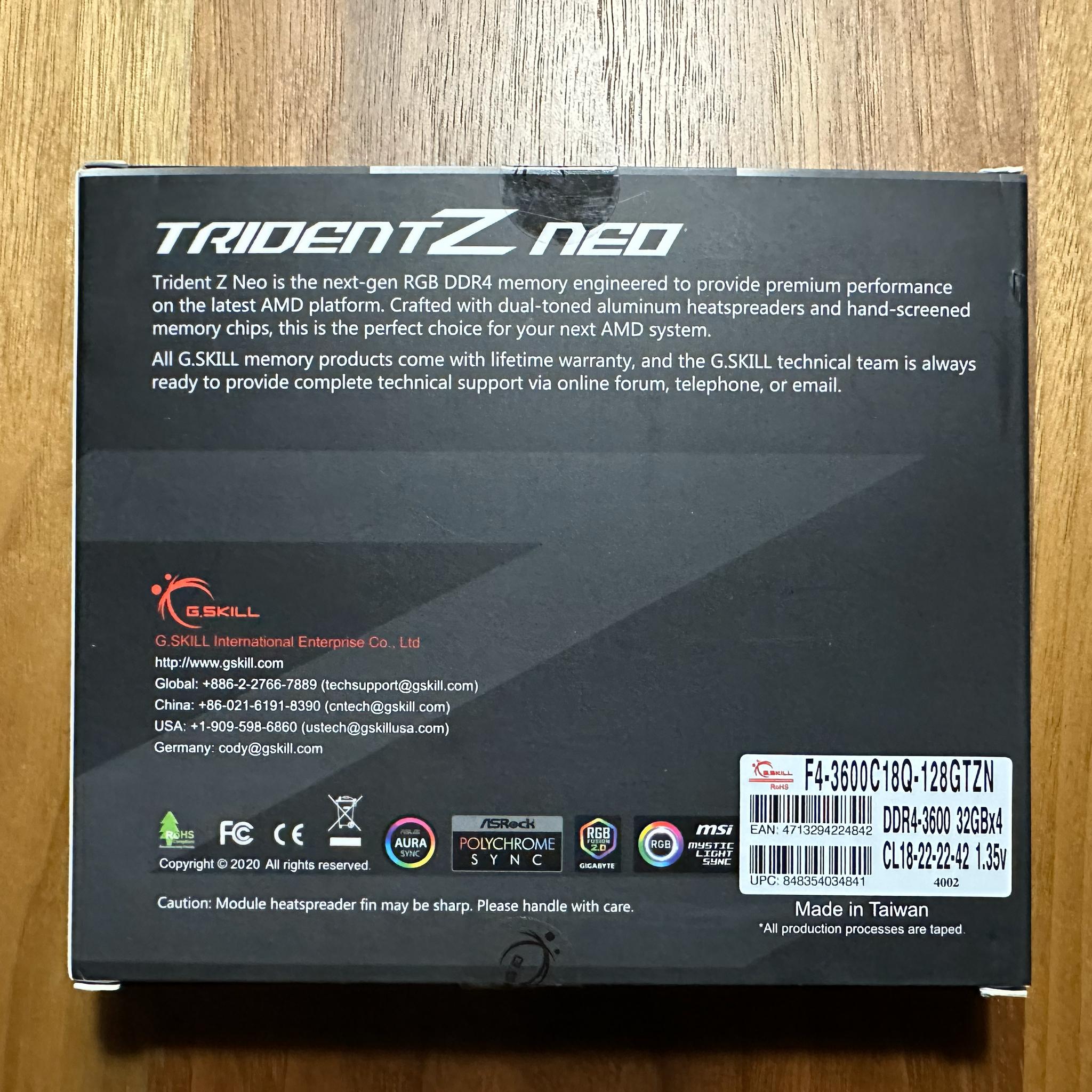 G.Skill Trident Z Neo 128GB RAM	4 x 32GB Sticks DDR4-3600 CL18