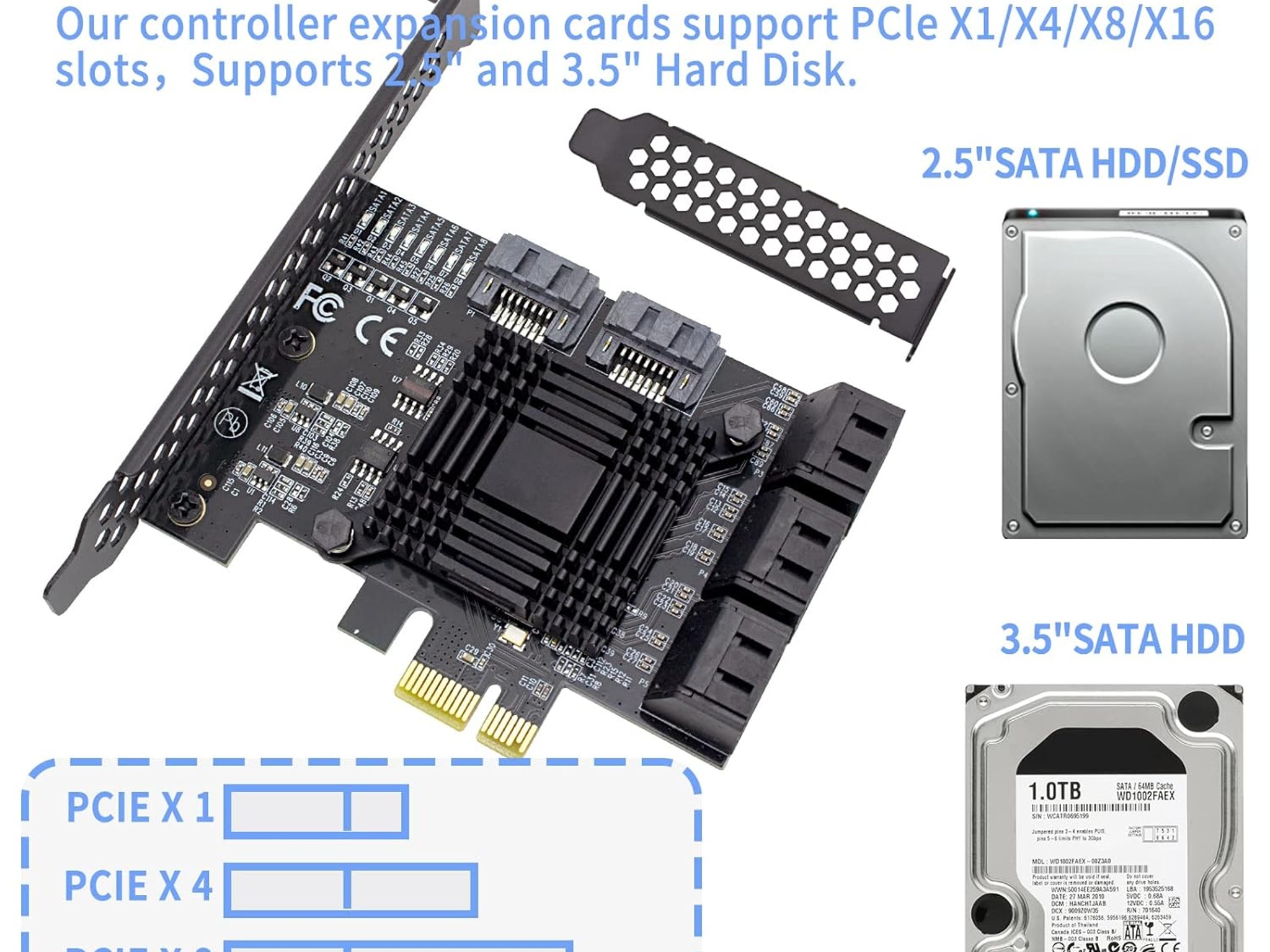 PCIe 8-Port SATA Controller Card 6 Gbps Windows, MAC, Linux w/ 8 SATA Cables & Low Profile Bracket