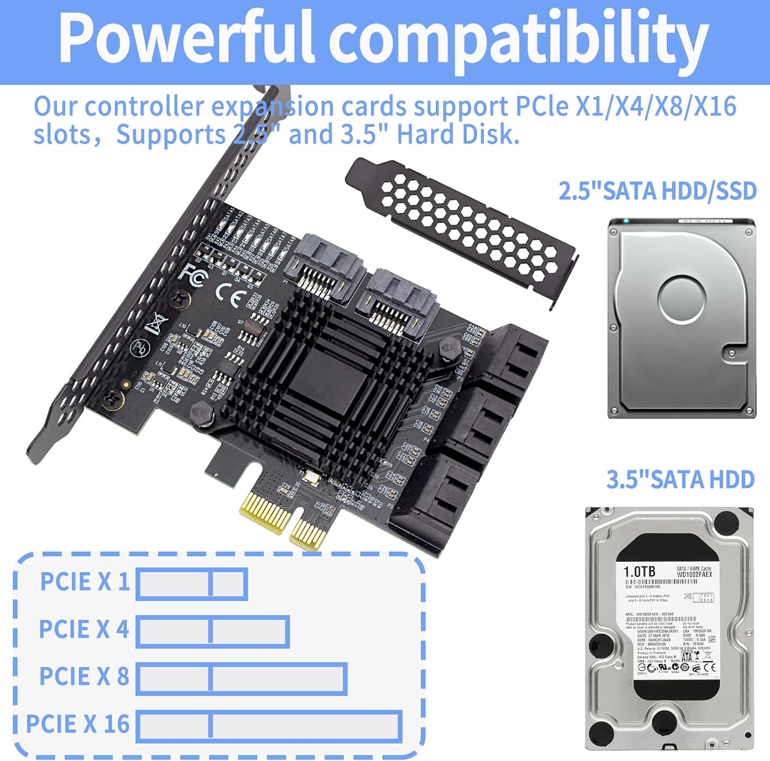 PCIe 8-Port SATA Controller Card 6 Gbps Windows, MAC, Linux w/ 8 SATA Cables & Low Profile Bracket