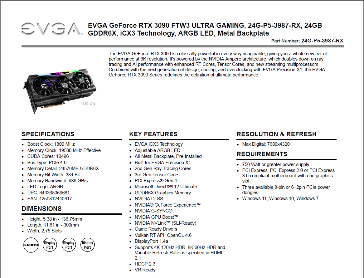 EVGA FTW3 ULTRA GAMING GeForce RTX 3090
