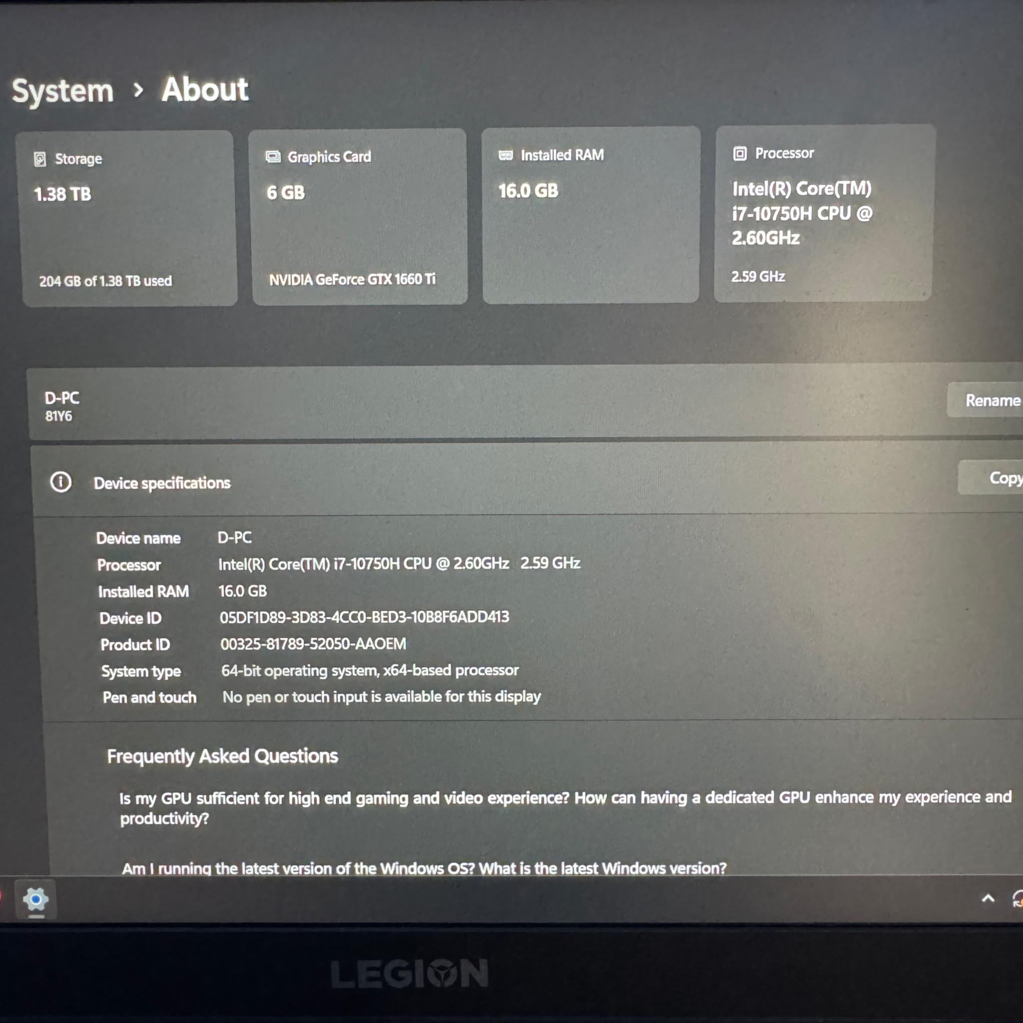 Gaming Laptop – Lenovo Legion 5 | i7 + GTX 1660 Ti | 144Hz | 16GB RAM + 1.5TB