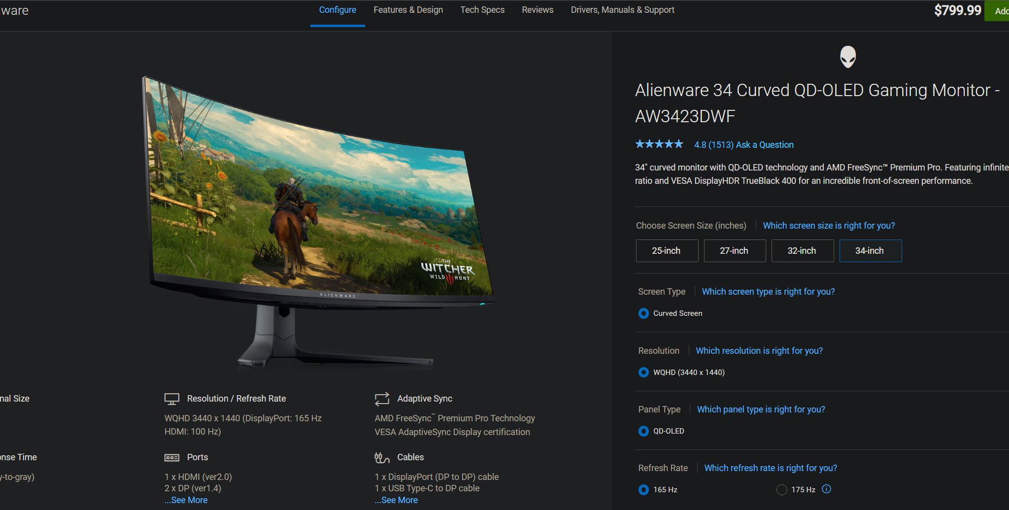 Alienware 34" Curved QD-OLED 165 Hz Gaming Monitor - AMD FreeSync™ Premium Pro - AW3423DWF