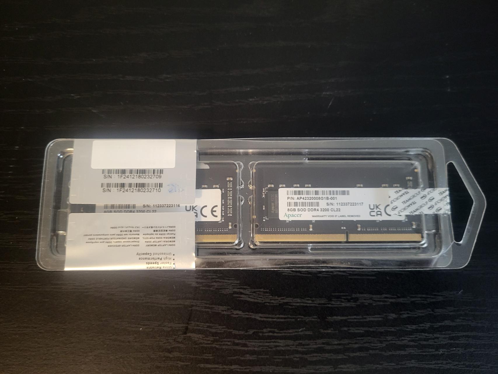 Two Apacer 8GB SODIMM Sticks of 3200MHZ Memory 16GB total