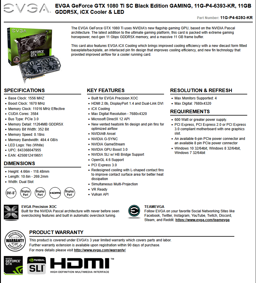 EVGA Geforce GTX 1080Ti
