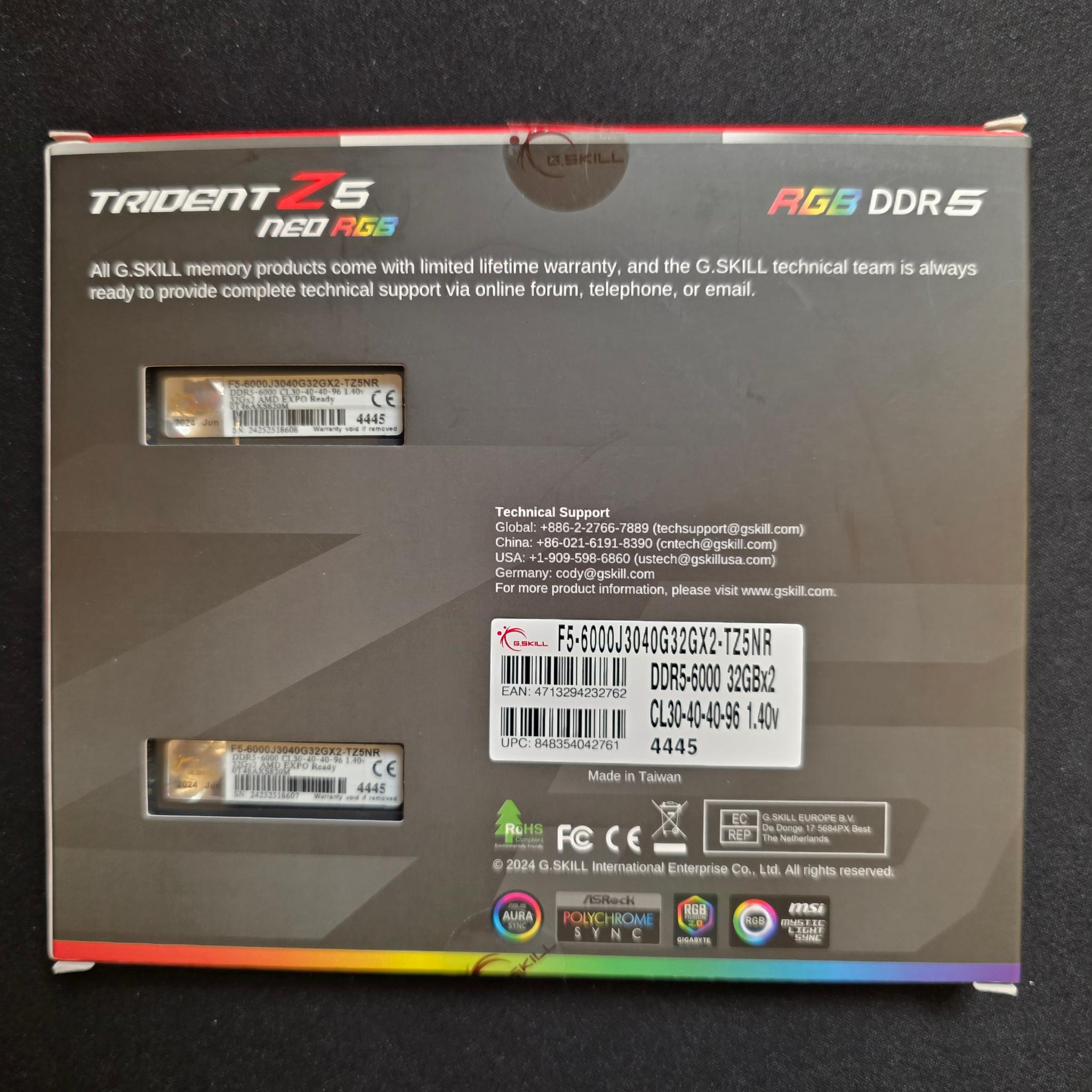G.SKILL Trident Z5 Neo Series DDR5 RAM AMD Expo 64GB 2x32GB 6000MT/s CL30 F5-6000J3040G32GX2-TZ5N