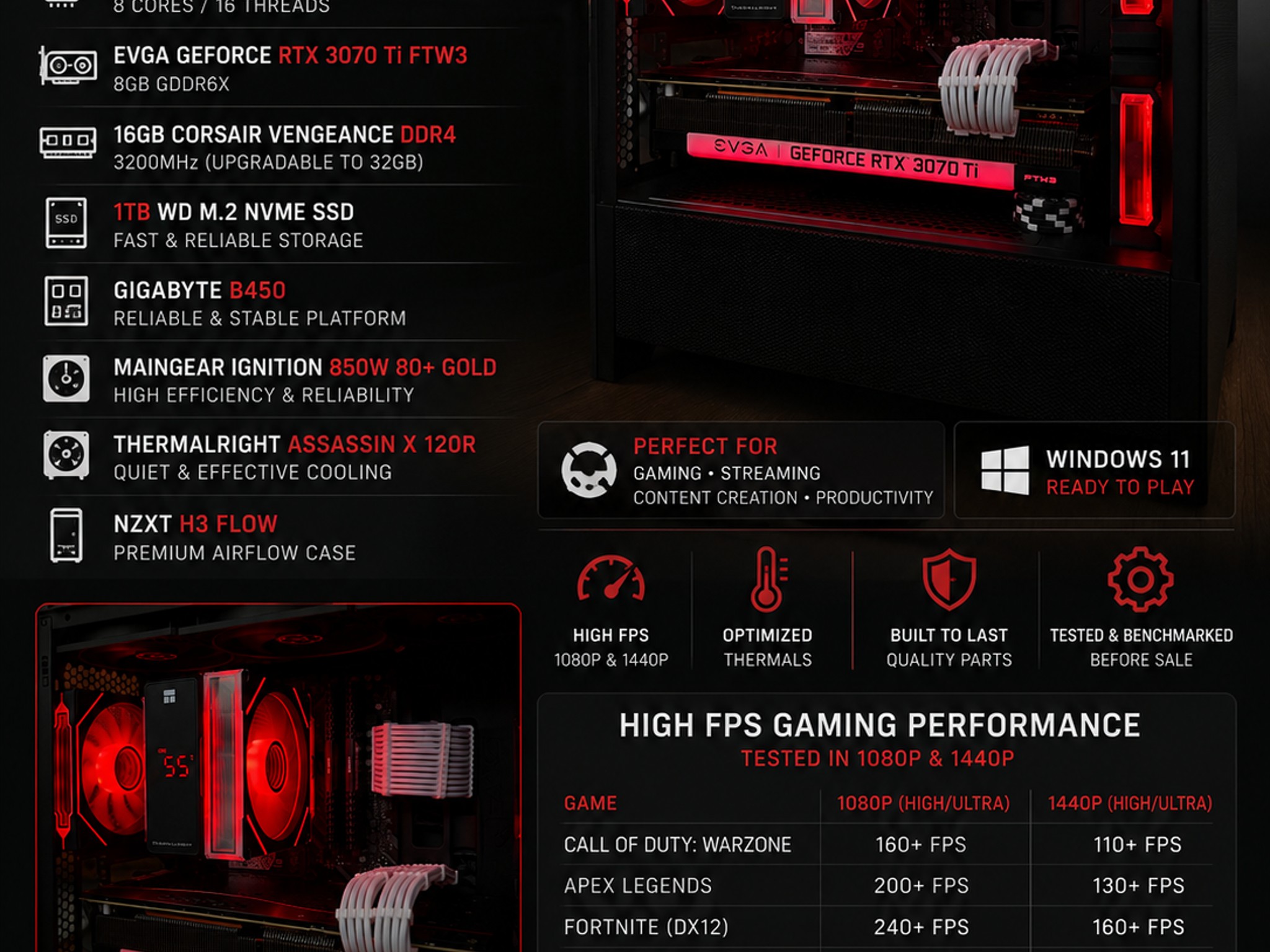 High-End Gaming PC | Ryzen 7 5700X3D | EVGA RTX 3070 Ti FTW3 | 1TB M.2 SSD