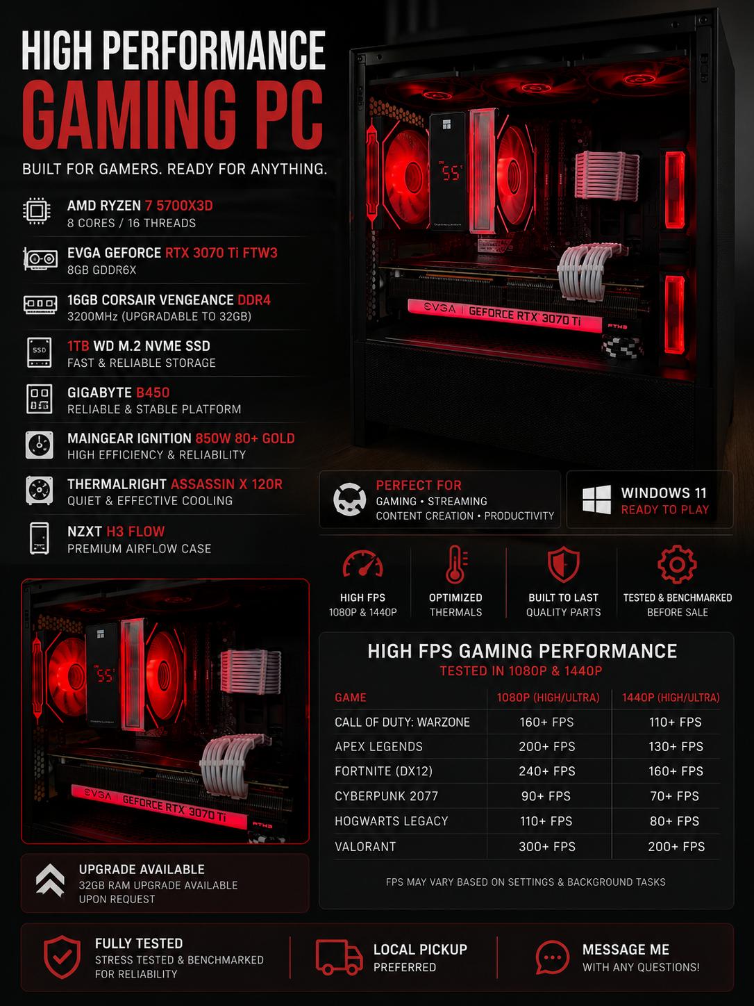 High-End Gaming PC | Ryzen 7 5700X3D | EVGA RTX 3070 Ti FTW3 | 1TB M.2 SSD