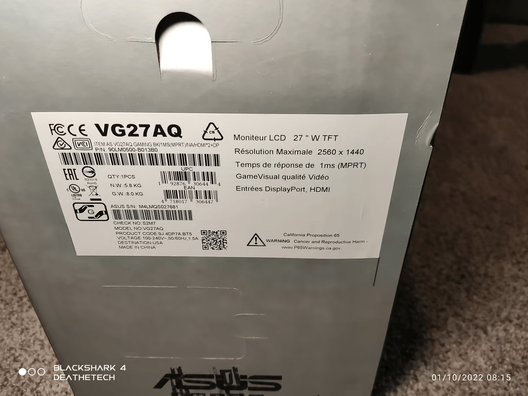 Asus VG27AQ 27" 1440p 165hz HDR10 G-Sync Compatible Monitor