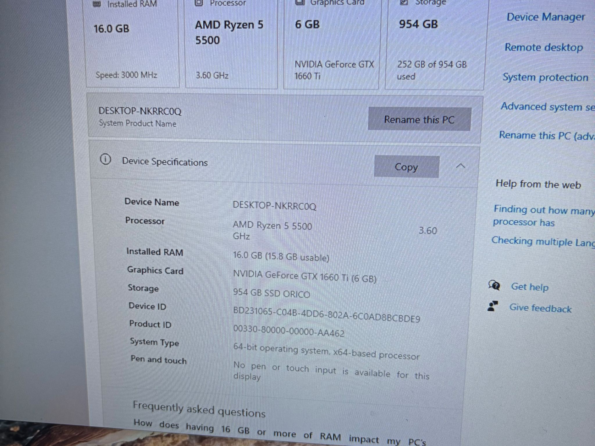 Gaming PC Ryzen 5 5500 GTX 1660 TI 16GB DDR4