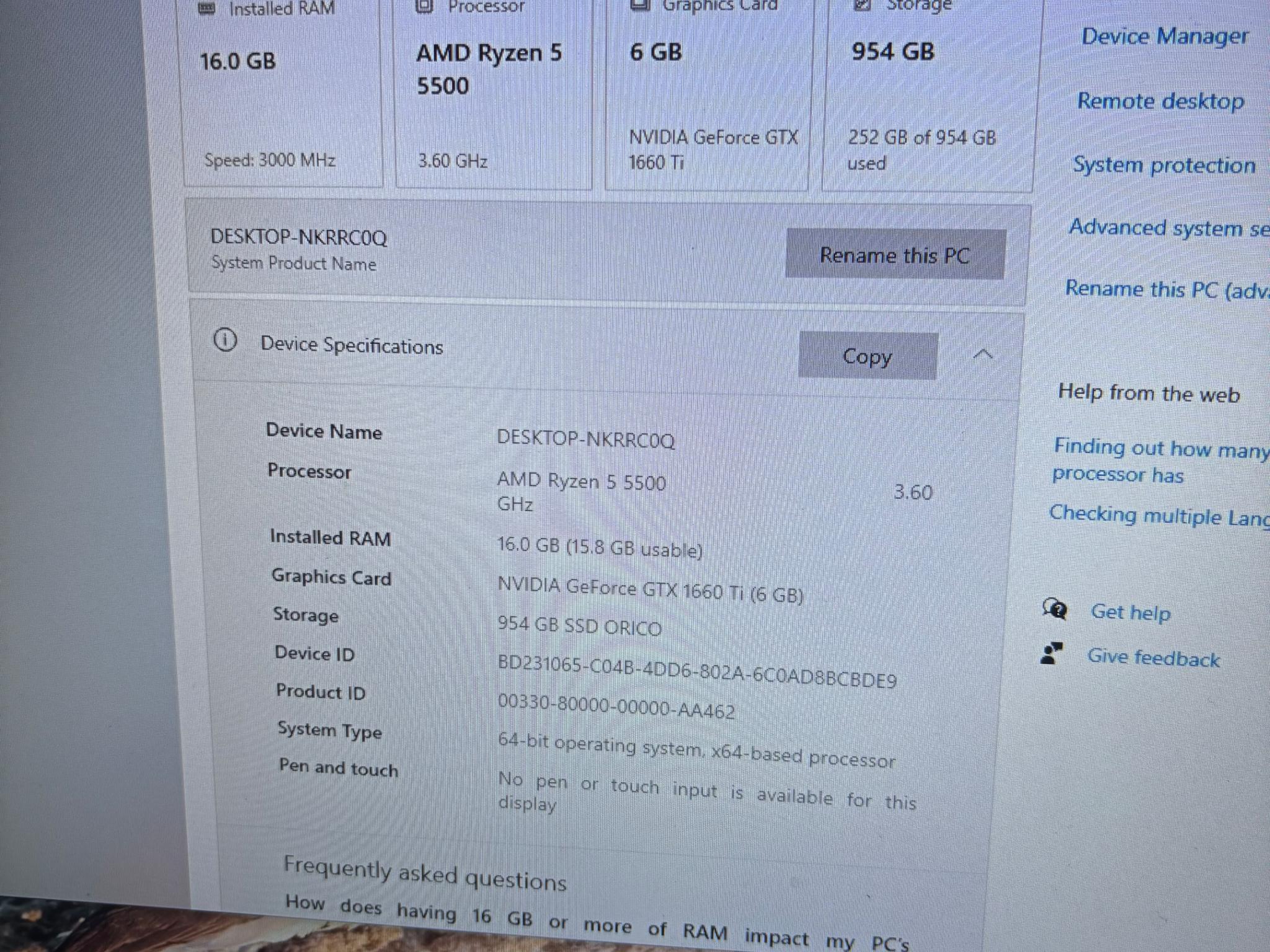 Gaming PC Ryzen 5 5500 GTX 1660 TI 16GB DDR4
