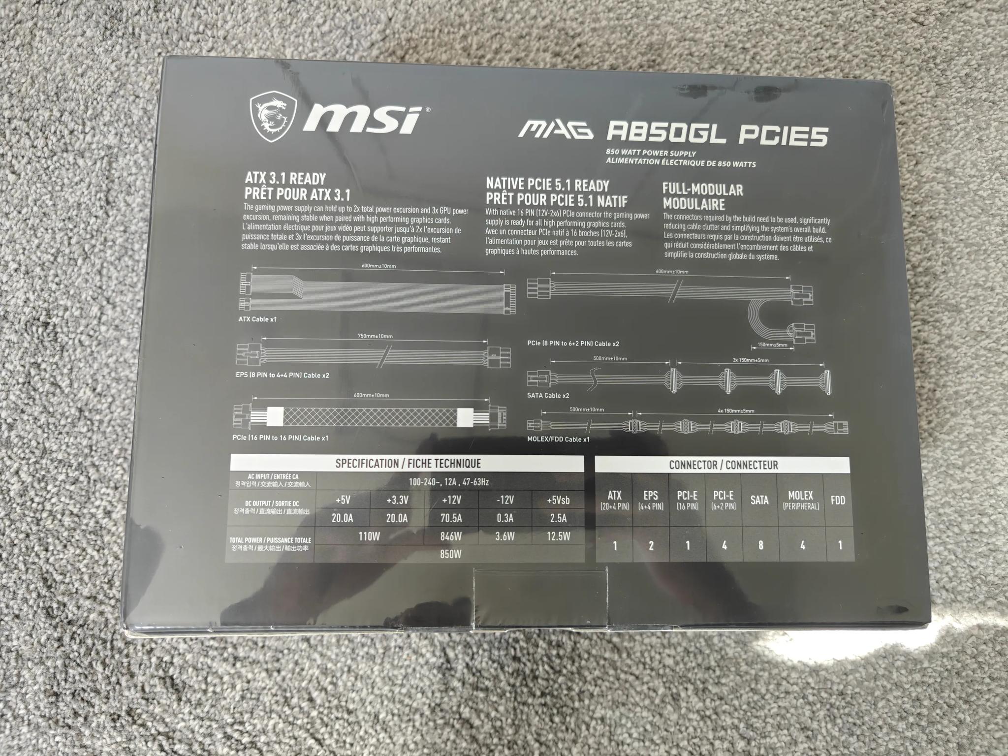 MSI - MAG A850GL PCIE5 850W ATX 3.1 &PCIe 5.1 Fully Modular 80 Plus Gold PSU