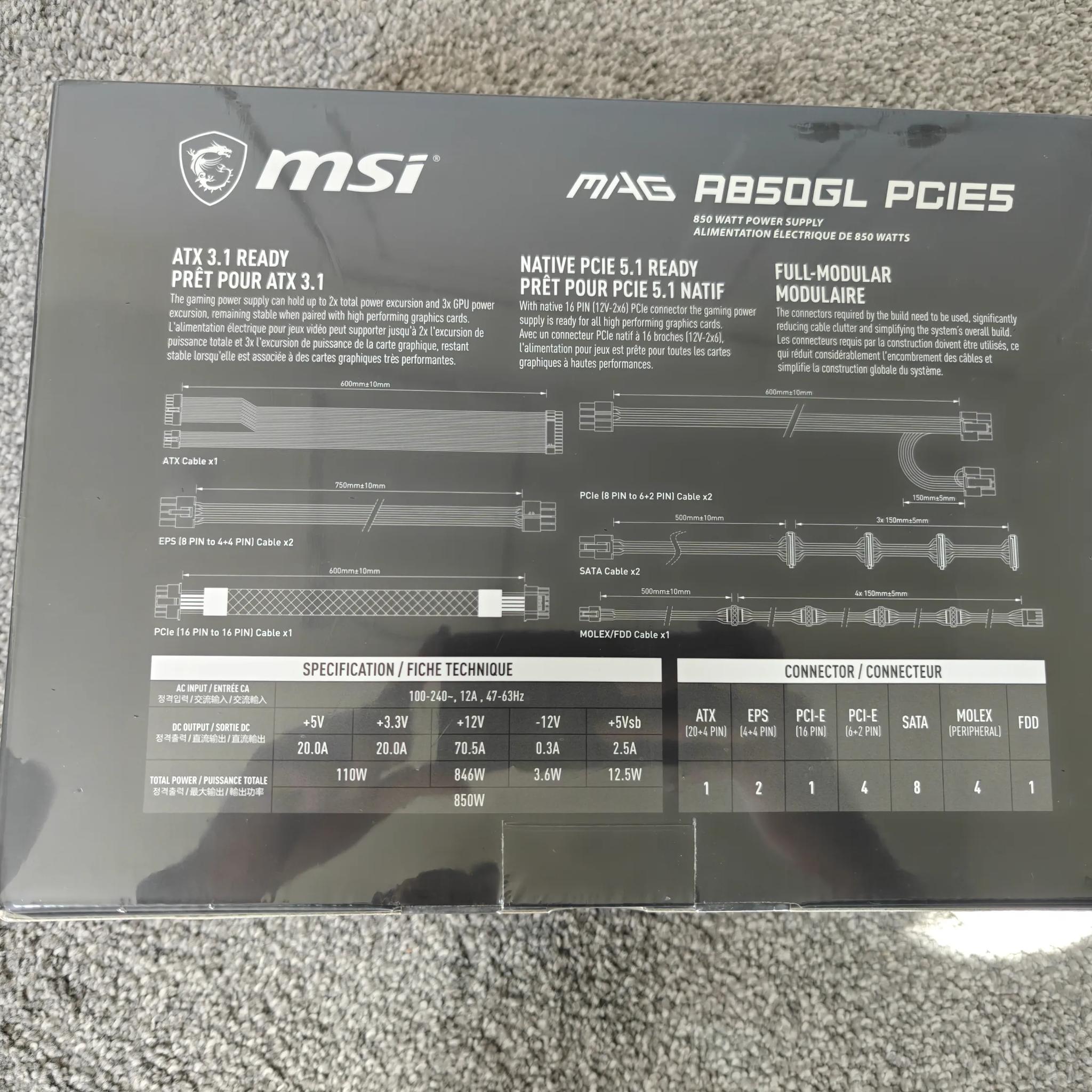 MSI - MAG A850GL PCIE5 850W ATX 3.1 &PCIe 5.1 Fully Modular 80 Plus Gold PSU
