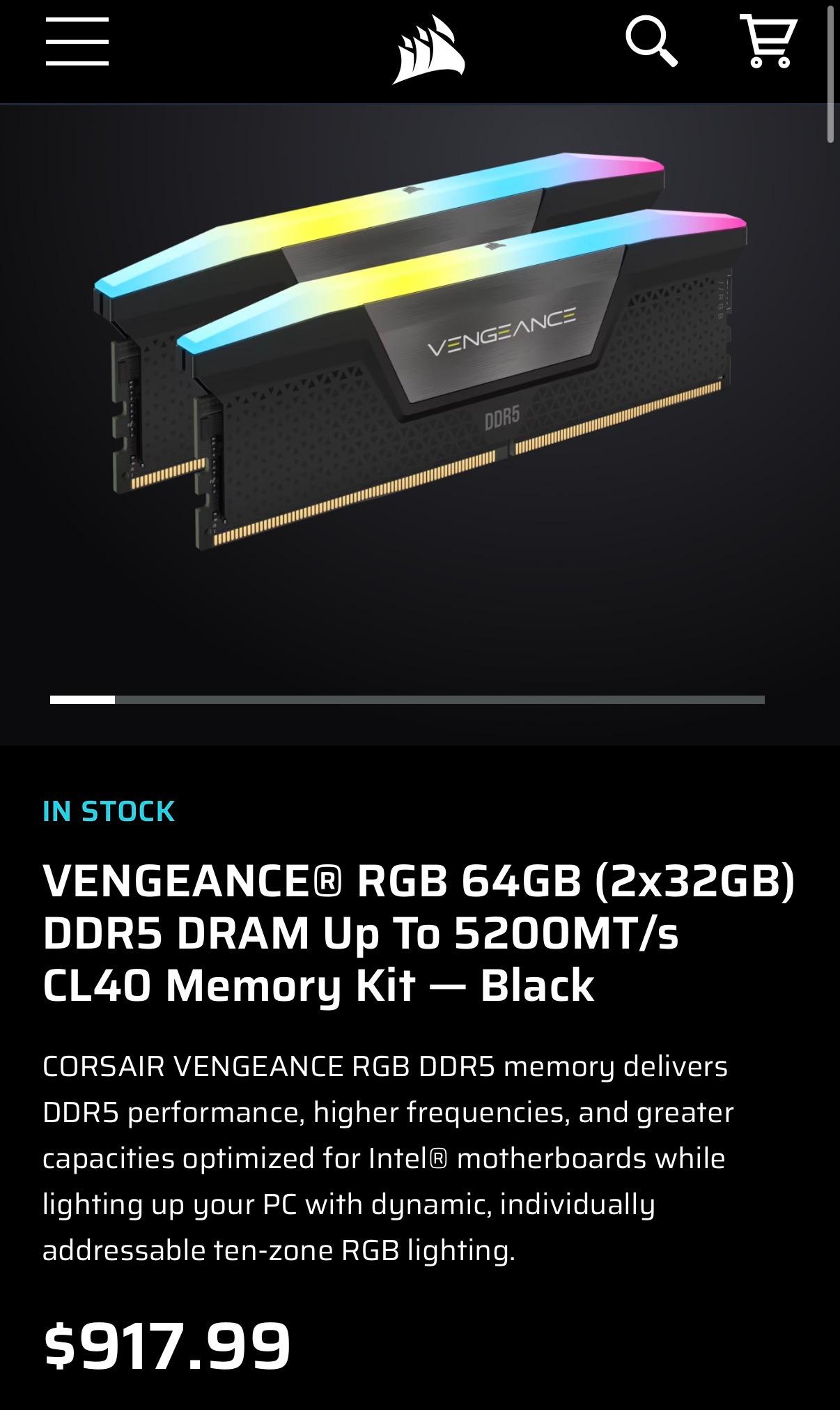 Corsair Vengeance RGB 64GB (2x32GB) 5200MHz CL40