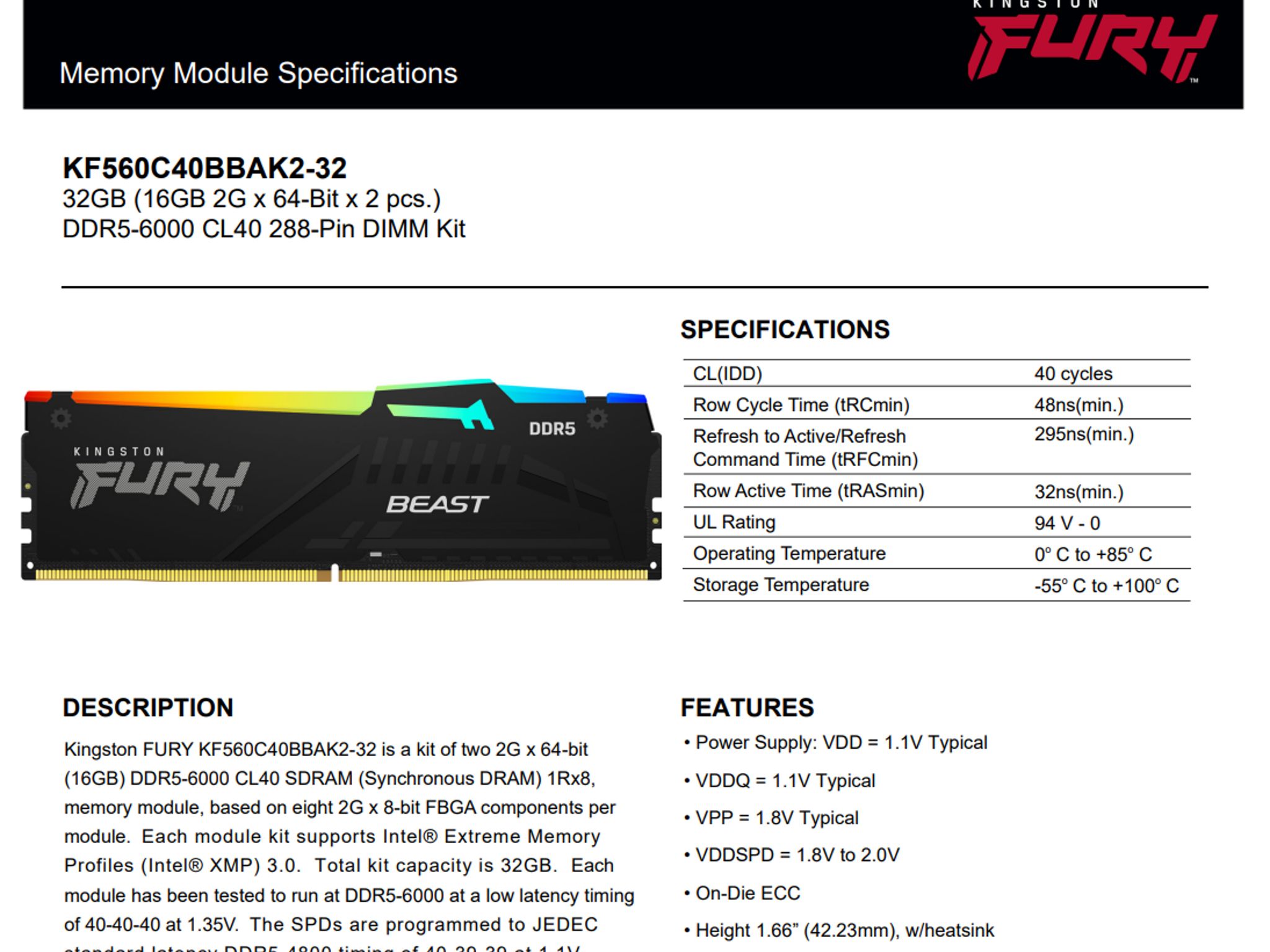 Kingston Fury Beast RGB 32GB (2x16GB) 6000MT/s DDR5 CL40 (KF560C40BBAK2-32) | Intel XMP 3.0