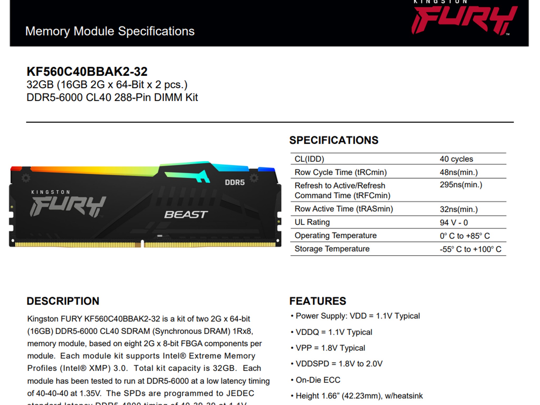 Kingston Fury Beast RGB 32GB (2x16GB) 6000MT/s DDR5 CL40 (KF560C40BBAK2-32) | Intel XMP 3.0