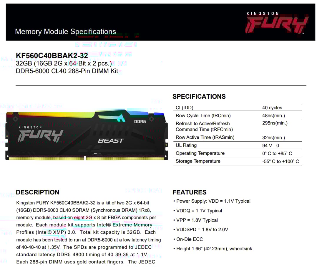 Kingston Fury Beast RGB 32GB (2x16GB) 6000MT/s DDR5 CL40 (KF560C40BBAK2-32) | Intel XMP 3.0