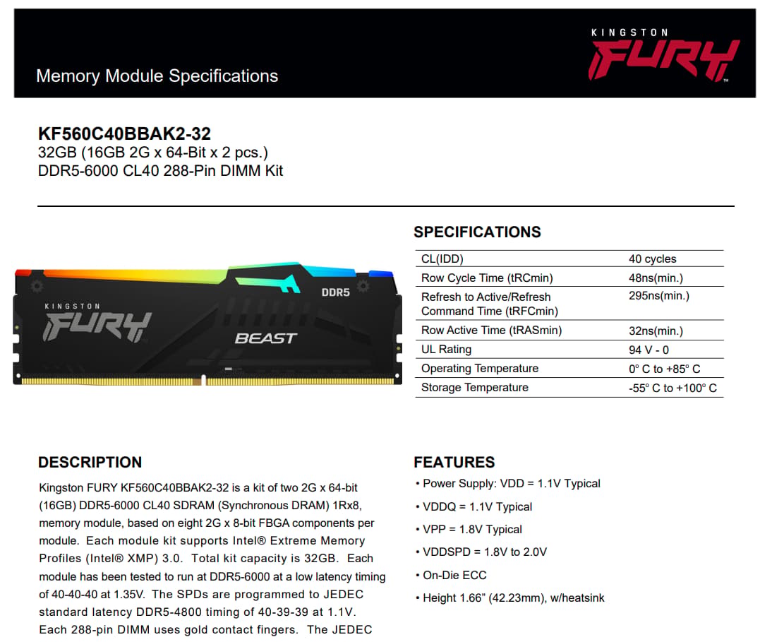 Kingston Fury Beast RGB 32GB (2x16GB) 6000MT/s DDR5 CL40 (KF560C40BBAK2-32) | Intel XMP 3.0