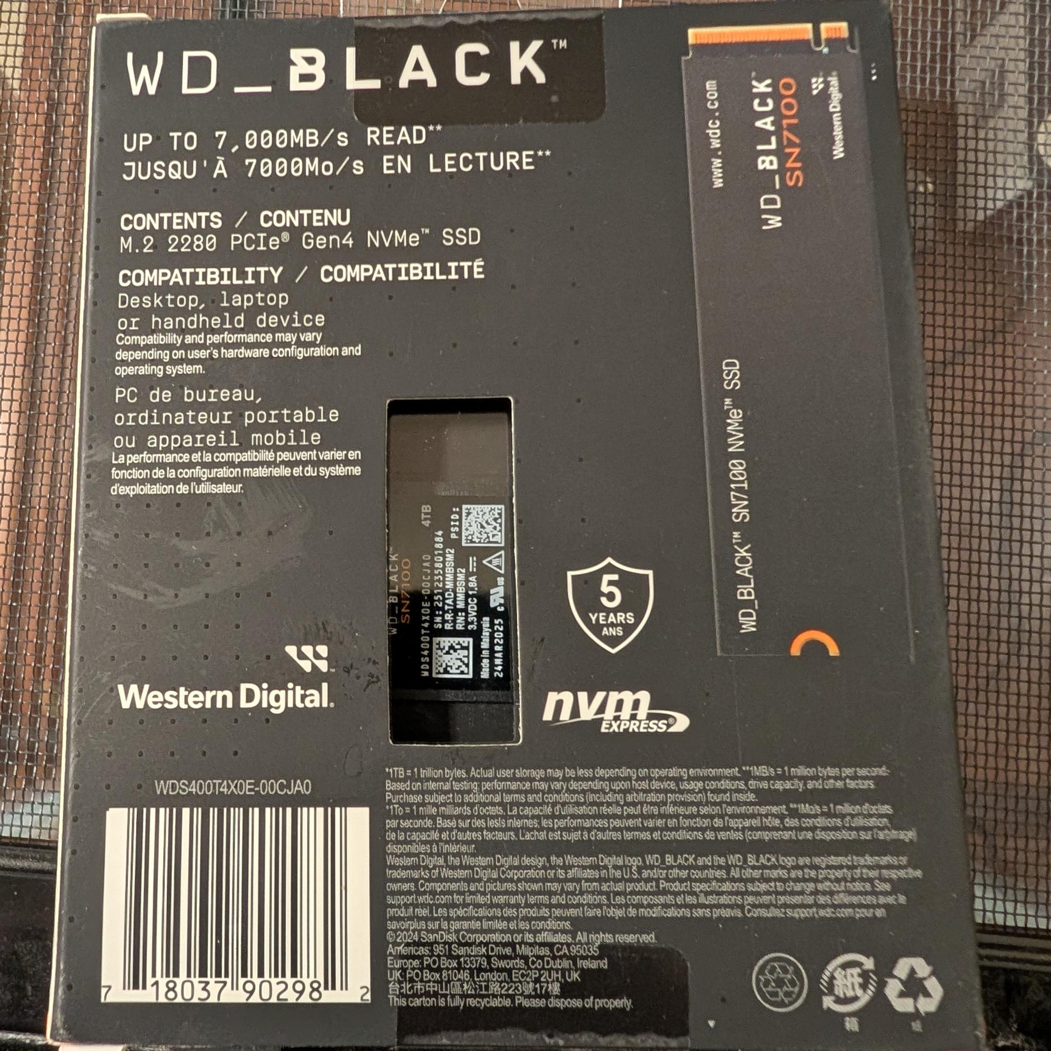 Western Digital WD_BLACK SN7100 4TB NVMe PCIe Gen4 M.2 2280 SSD DRAM
