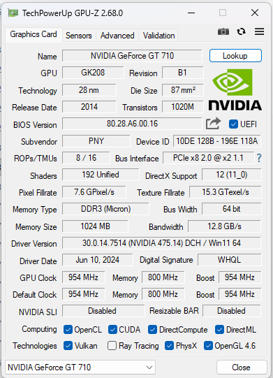 PNY Verto GT710 Graphics Card w/1024MB DDR3