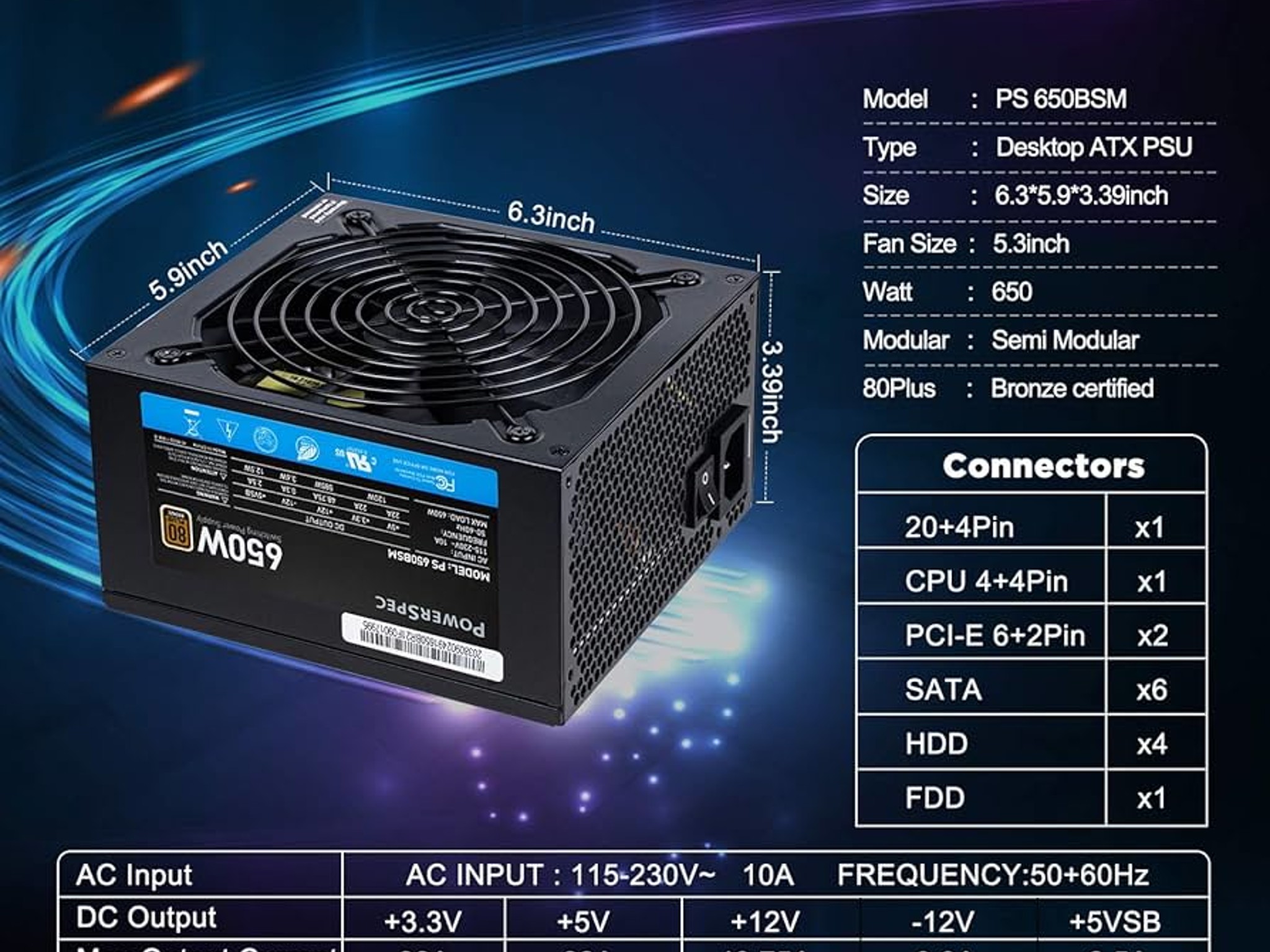 PowerSpec 650 Watt 80 Plus Bronze ATX Semi-Modular Power Supply
