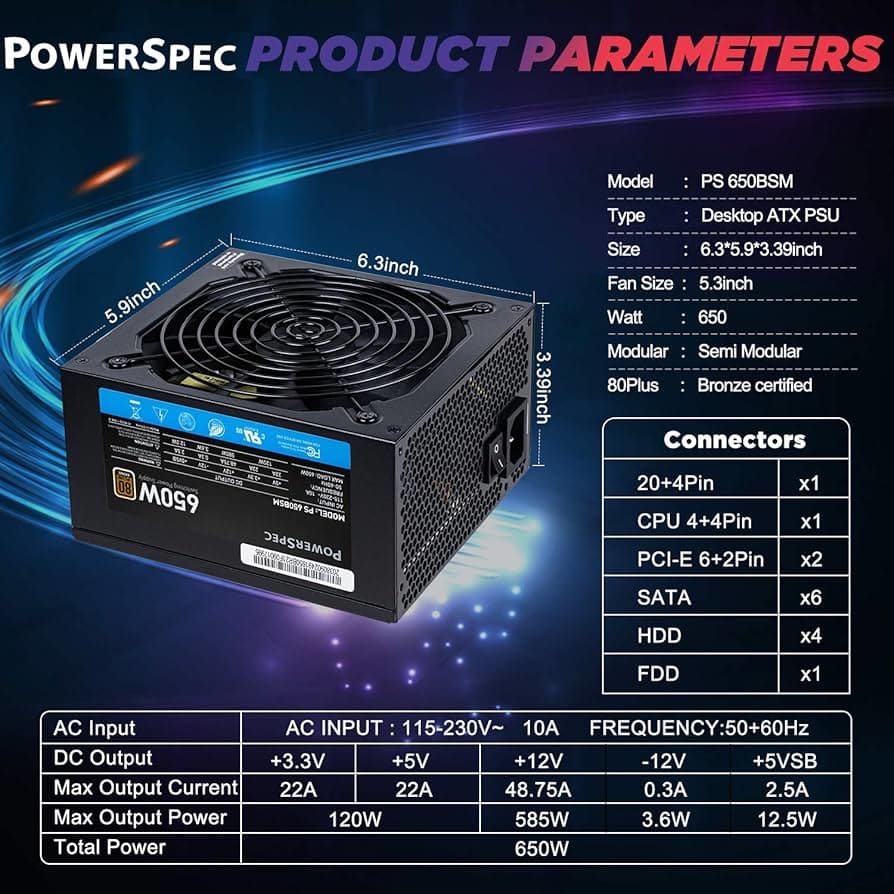 PowerSpec 650 Watt 80 Plus Bronze ATX Semi-Modular Power Supply
