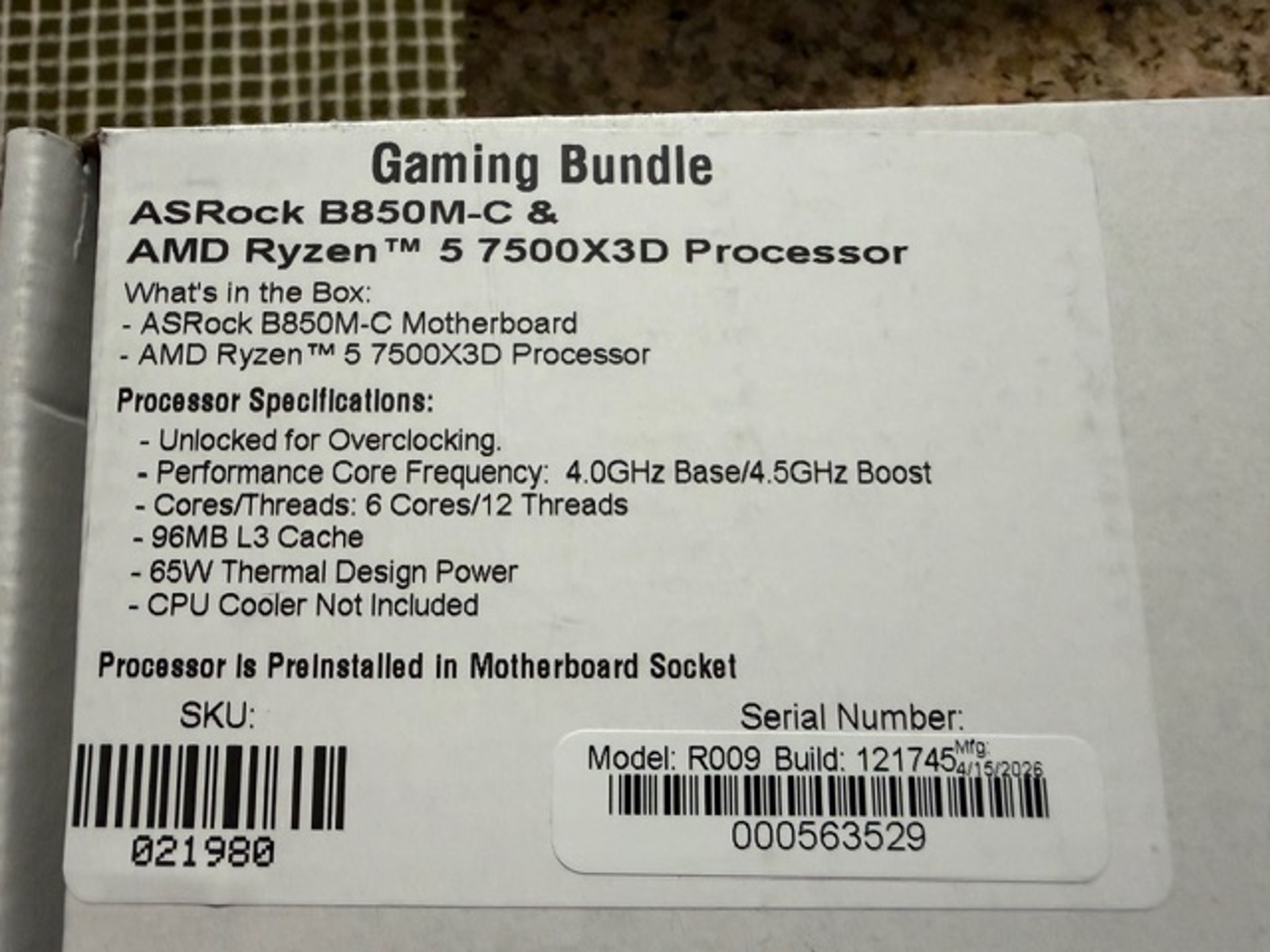 AMD Ryzen 5 7500X3D + AsRock B850M-C CPU/Motherboard Bundle