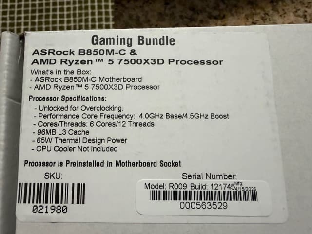 AMD Ryzen 5 7500X3D + AsRock B850M-C CPU/Motherboard Bundle
