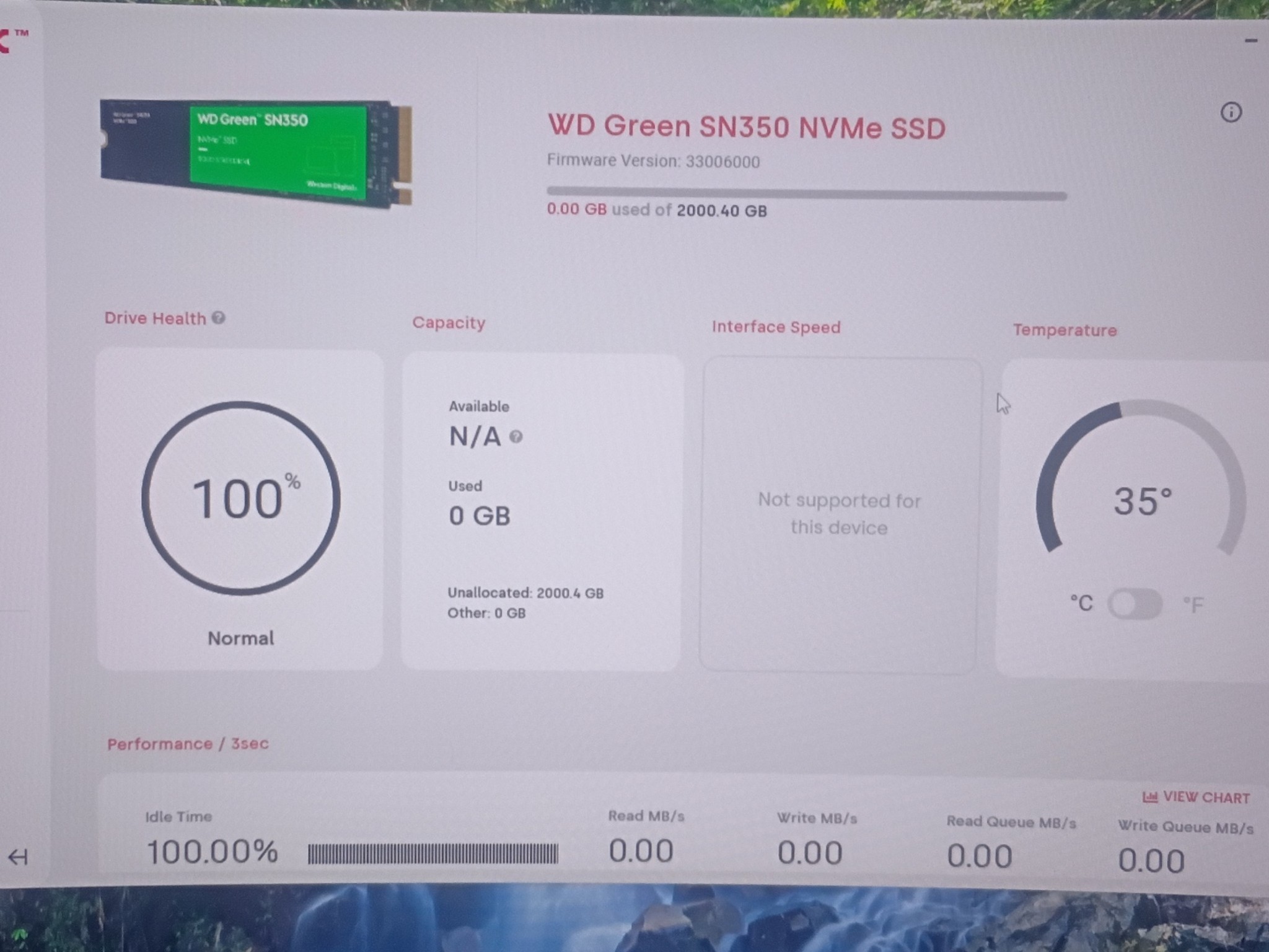 100% Health / Western Digital WD Green SN350 2TB NVMe M.2 Gen 3.0 x 4 SSD