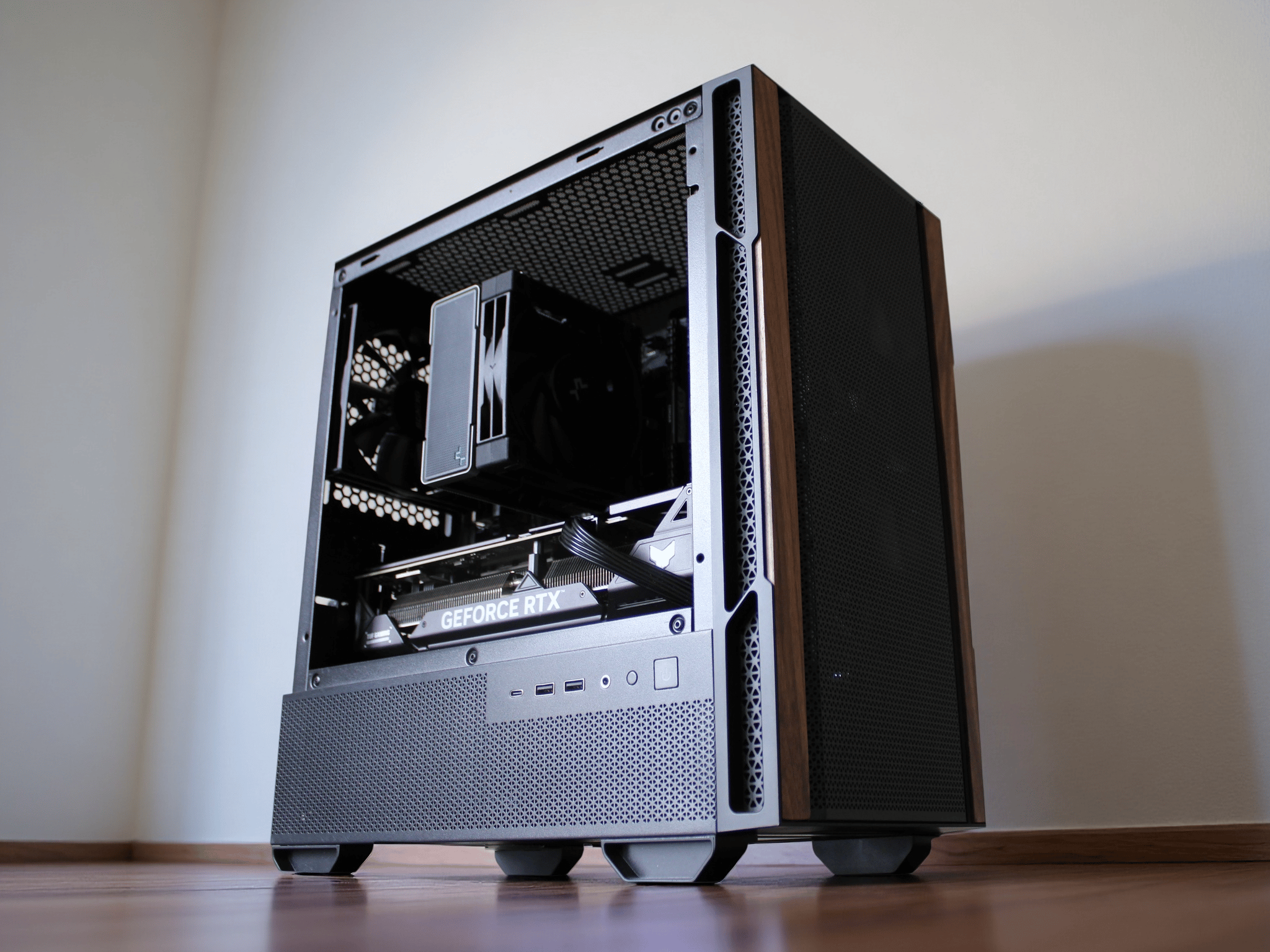 Super Sleek Custom PC – Ryzen 7 5800X | RTX 4060 Ti | 16GB DDR4 | NVMe SSD | Walnut Wood Case