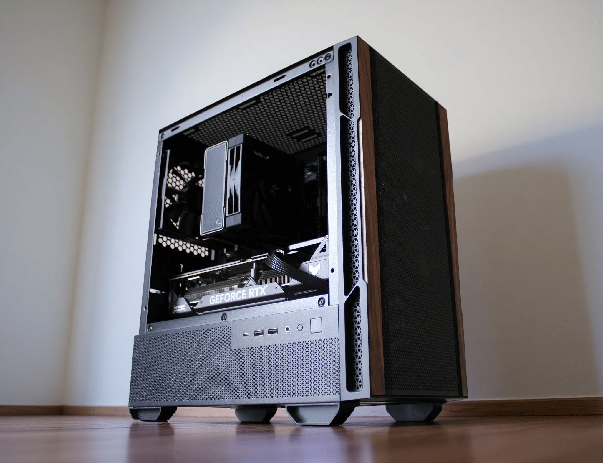 Super Sleek Custom PC – Ryzen 7 5800X | RTX 4060 Ti | 16GB DDR4 | NVMe SSD | Walnut Wood Case