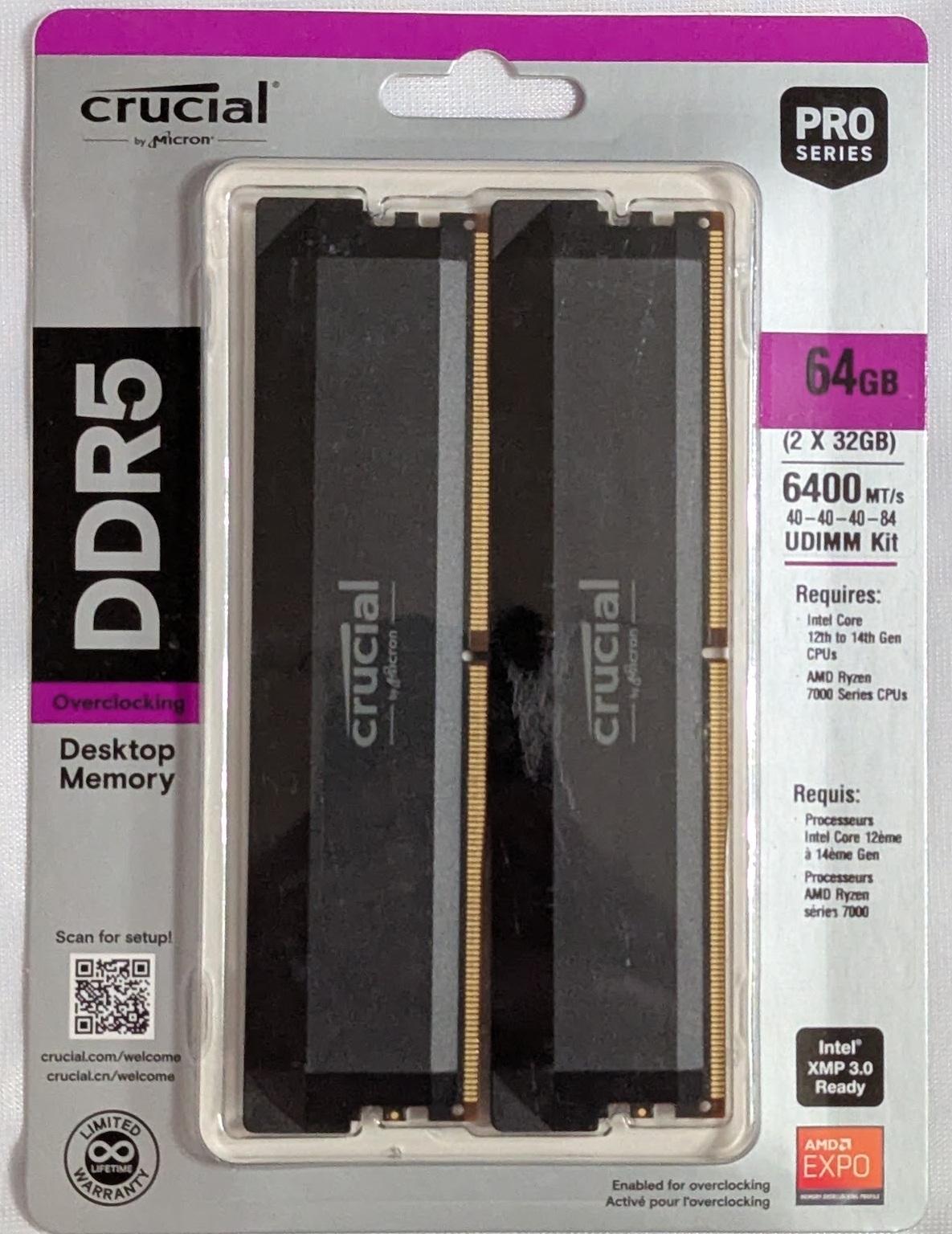 Crucial Pro DDR5 RAM 64GB Kit (2x32GB) 6400MHz CL40 Overclocking Desktop RAM – Black CP2K32G64C40U5B