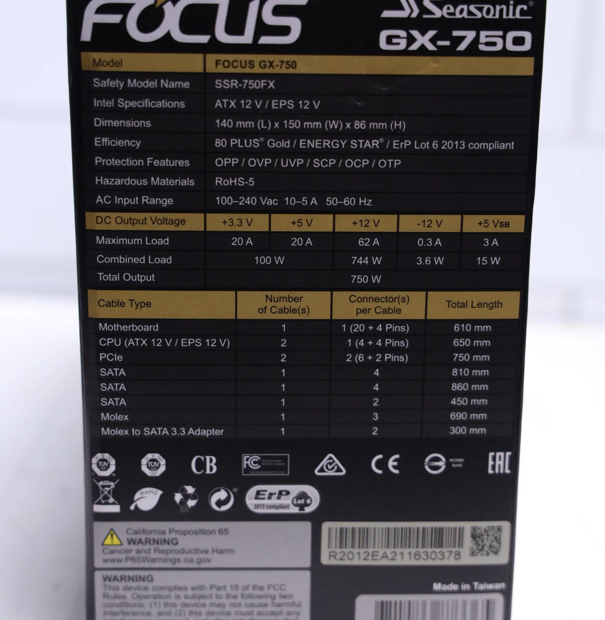 Seasonic FOCUS 750w 80+ Gold (Fully Modular)