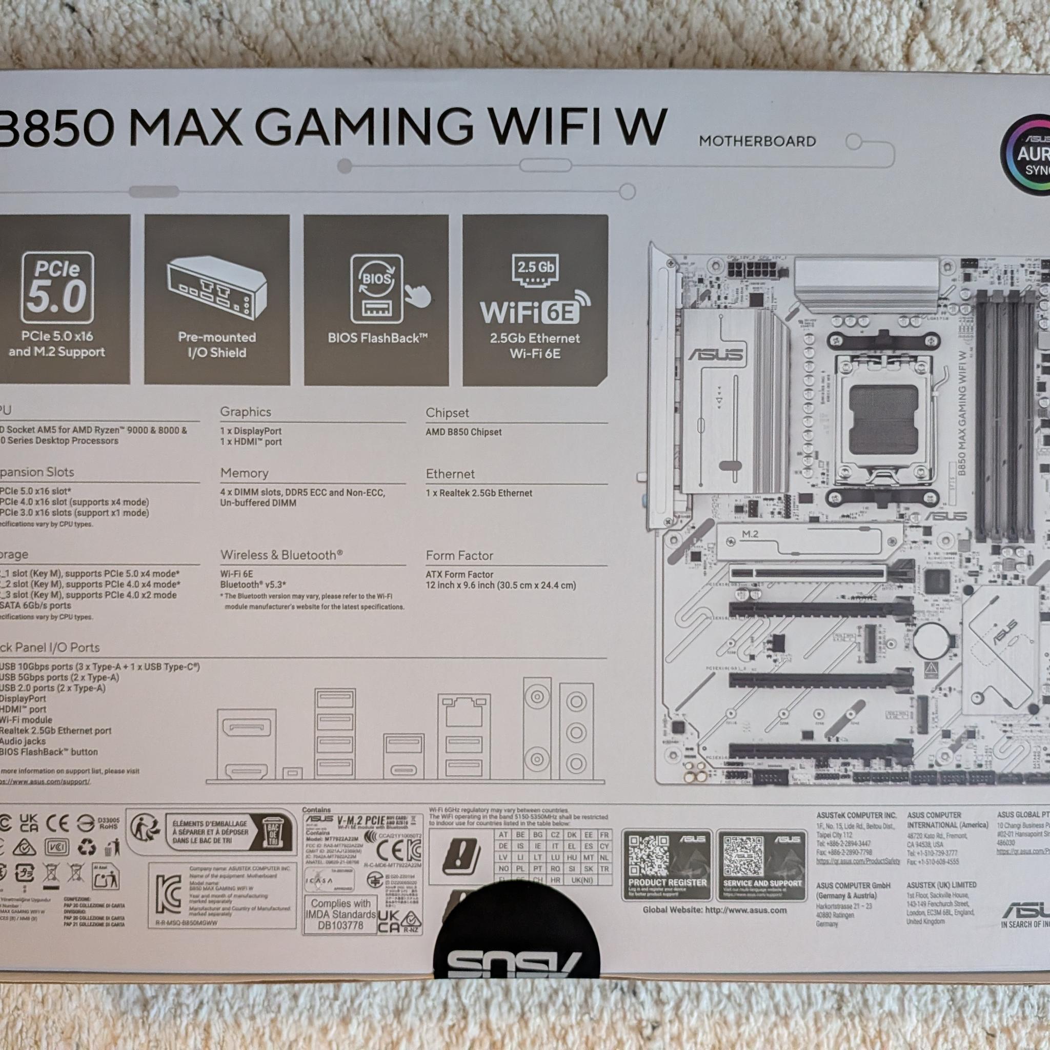 BNIB ASUS B850 MAX GAMING WIFI W ATX Motherboard