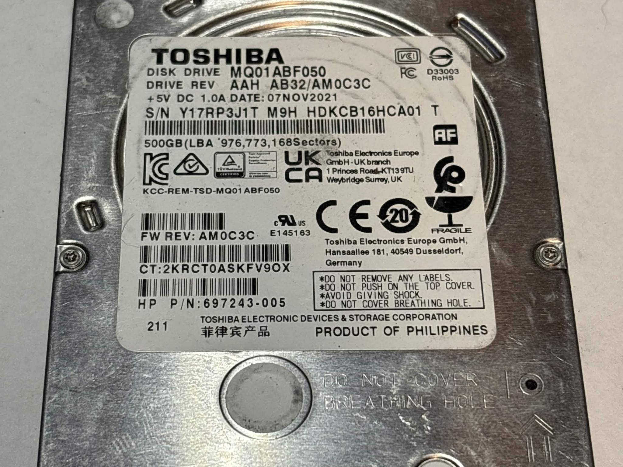 Toshiba 500GB SATA Laptop Hard Drive | Tested & Functional
