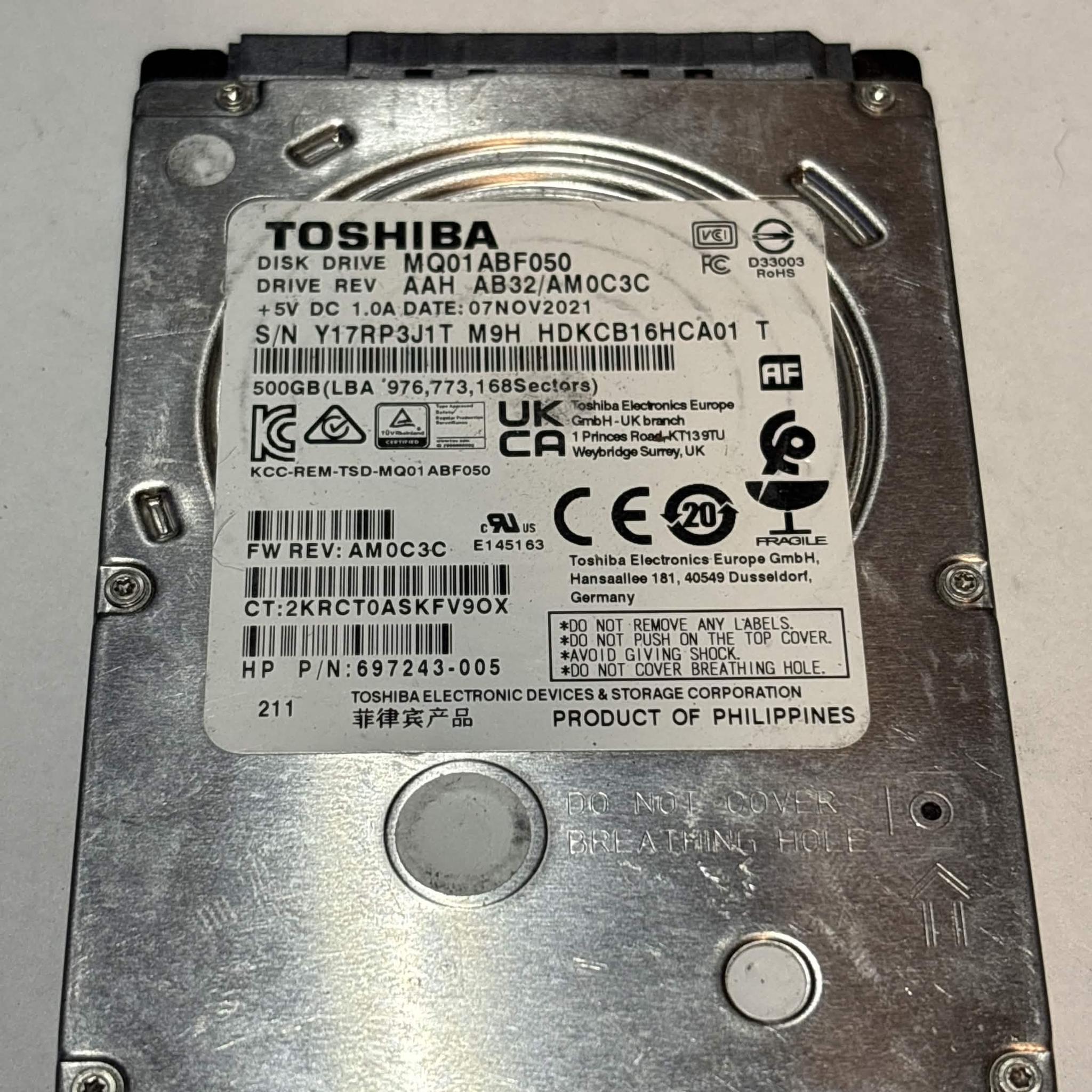 Toshiba 500GB SATA Laptop Hard Drive | Tested & Functional