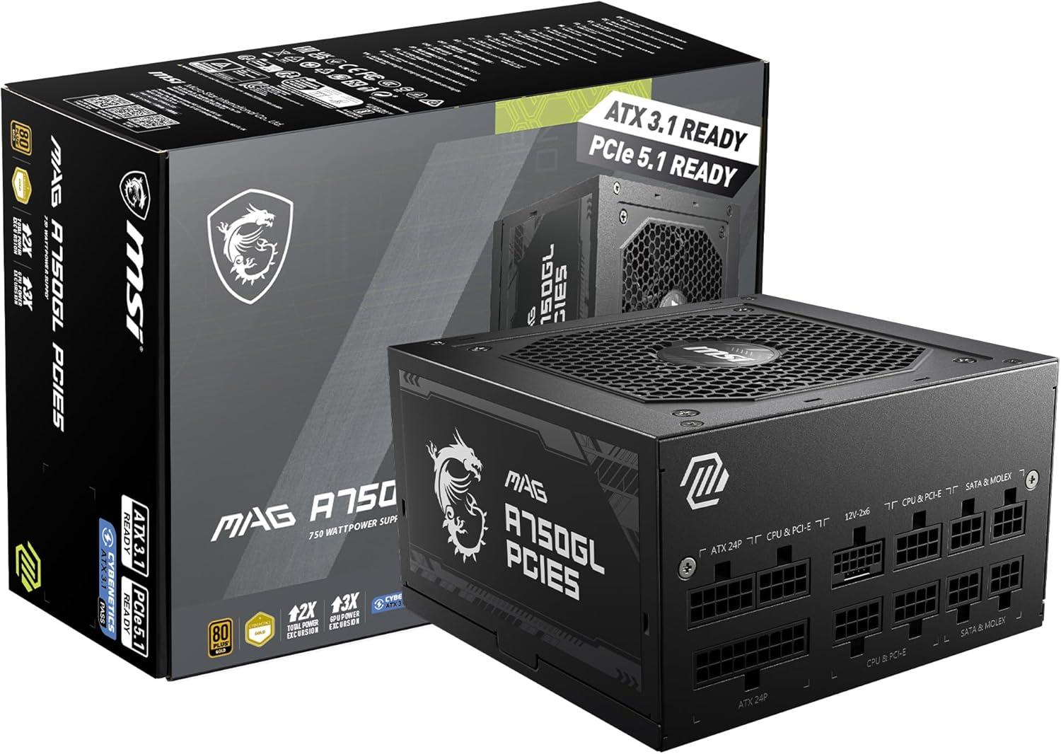 New. 750w PSU. MSI MAG A750GL PCIE5. 80+ Gold, ATX3.1, PCIe 5.1. Factory sealed.