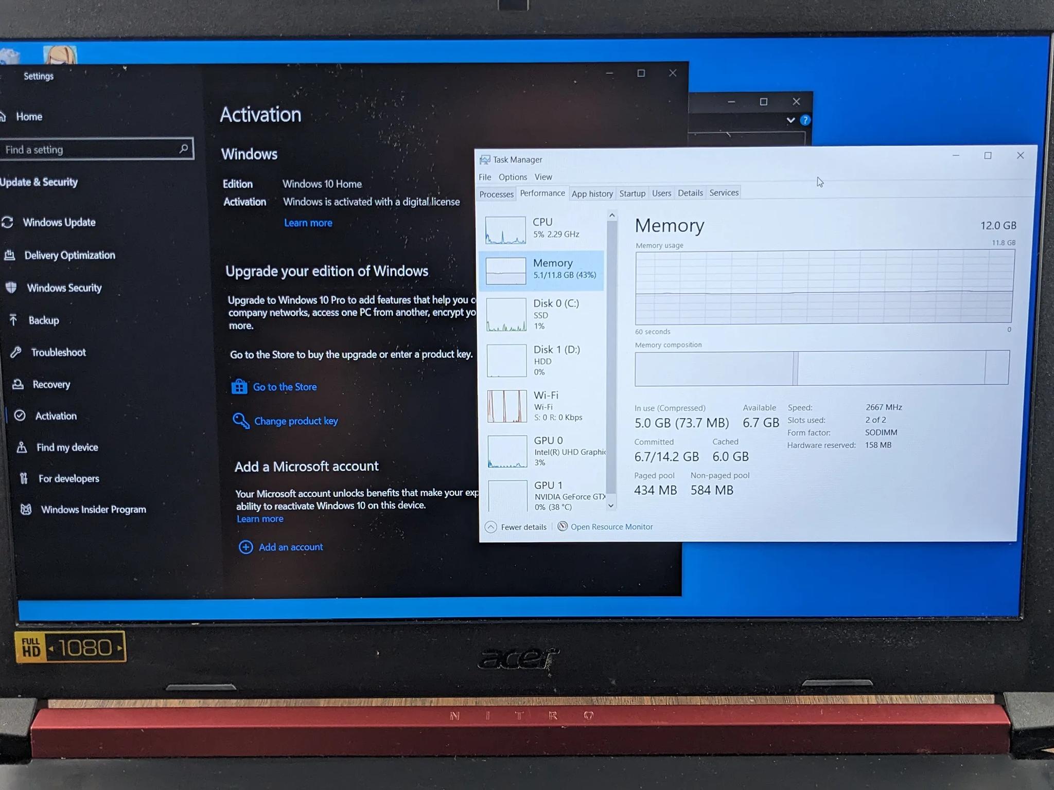 Acer Nitro 5 Refurbished, GTX 1050m, i5-8300H, 12GB DDR4, 256NVMe, 1TB HDD