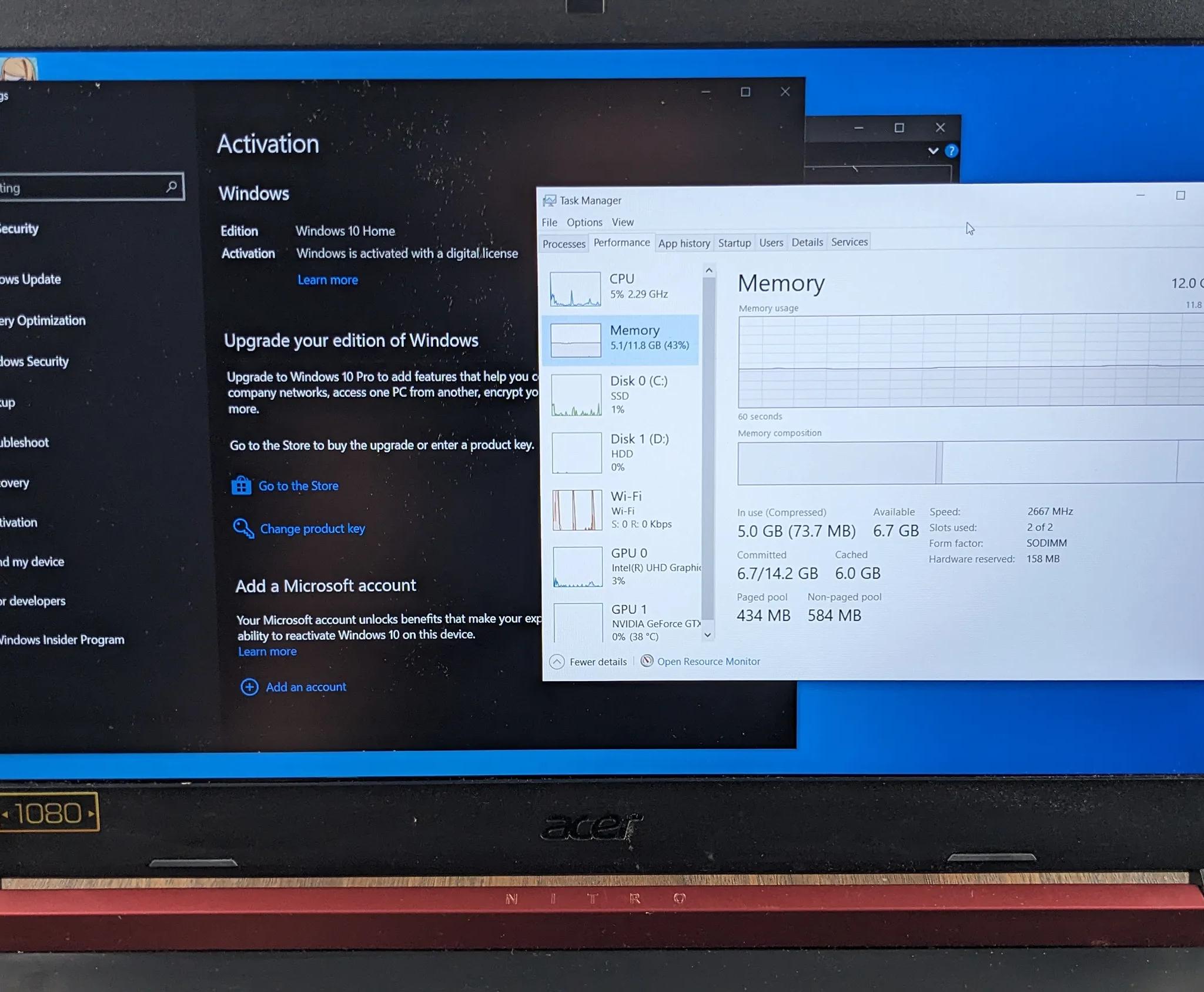 Acer Nitro 5 Refurbished, GTX 1050m, i5-8300H, 12GB DDR4, 256NVMe, 1TB HDD