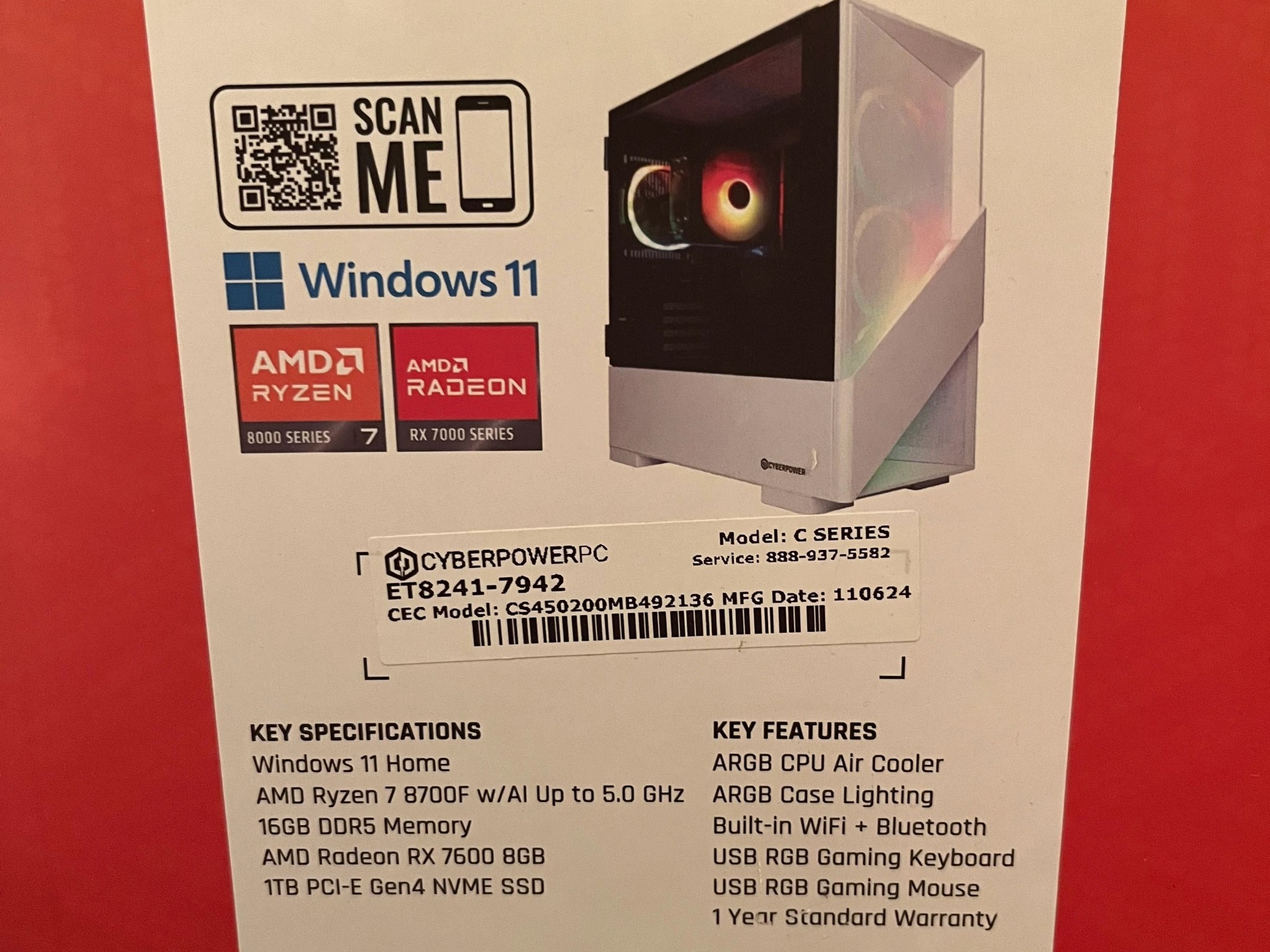 CyberPower Computer, AM5|Rx 7600|Ryzen 7 8700f|DDR5 Ram|1TB NVME SSD|Windows 11