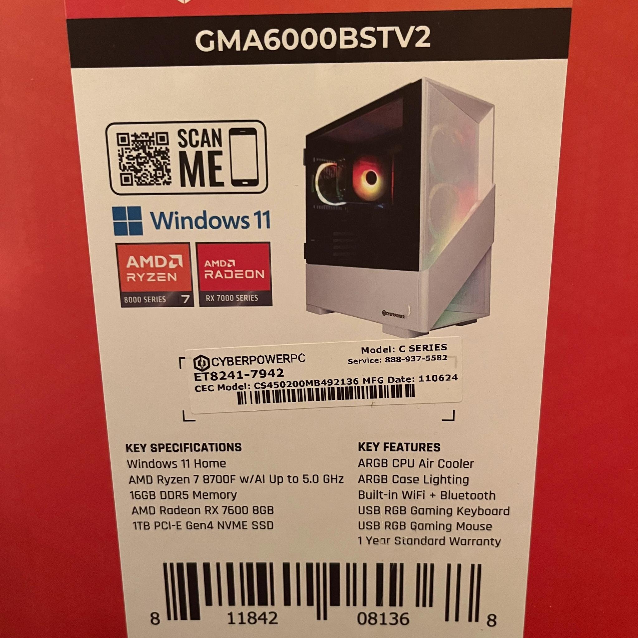 CyberPower Computer, AM5|Rx 7600|Ryzen 7 8700f|DDR5 Ram|1TB NVME SSD|Windows 11
