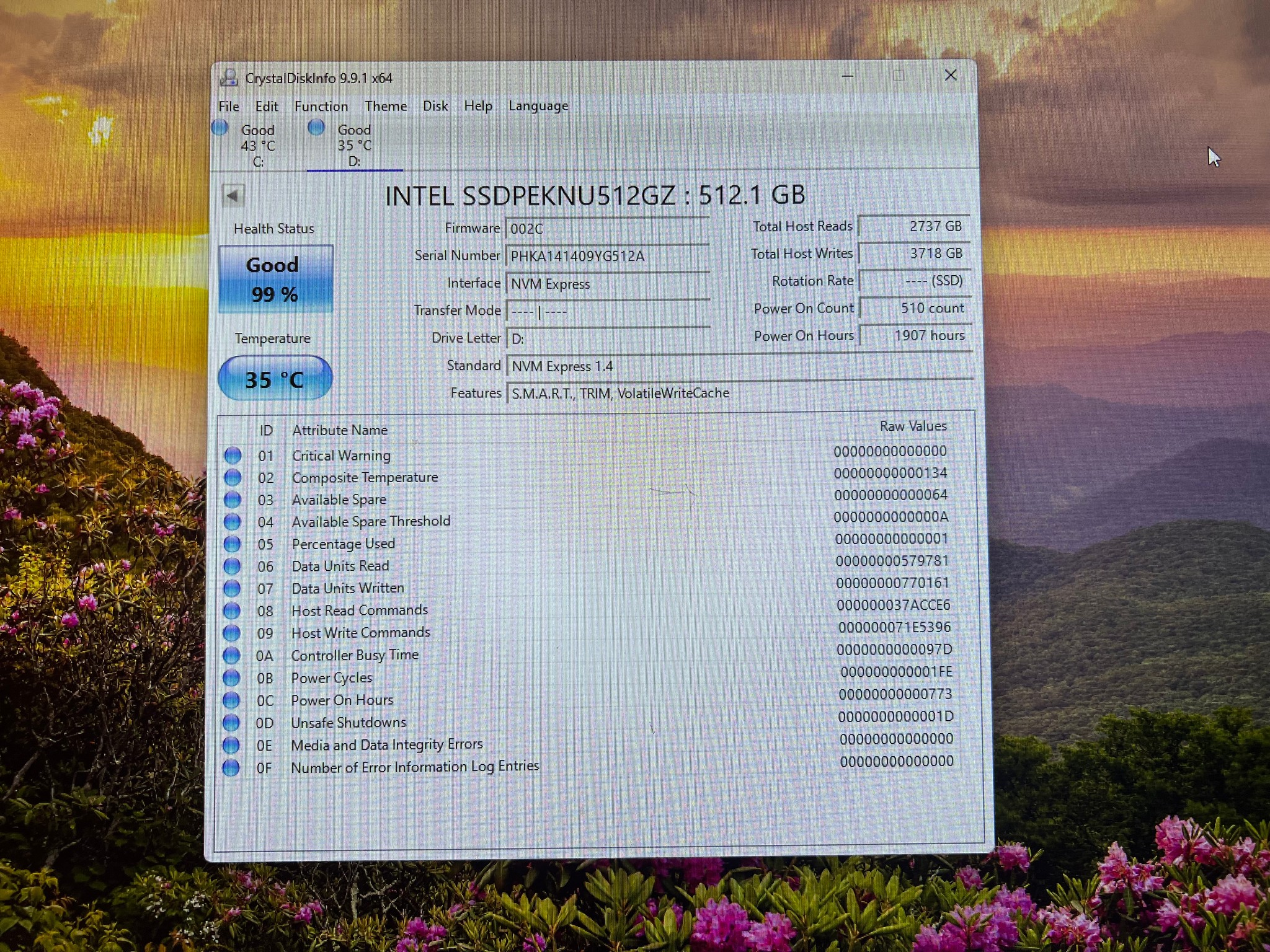 512GB PCIe Gen 3.0x4.0 M.2 NVMe Intel SSD 670p Series with DRAM Cache  - 99% Health
