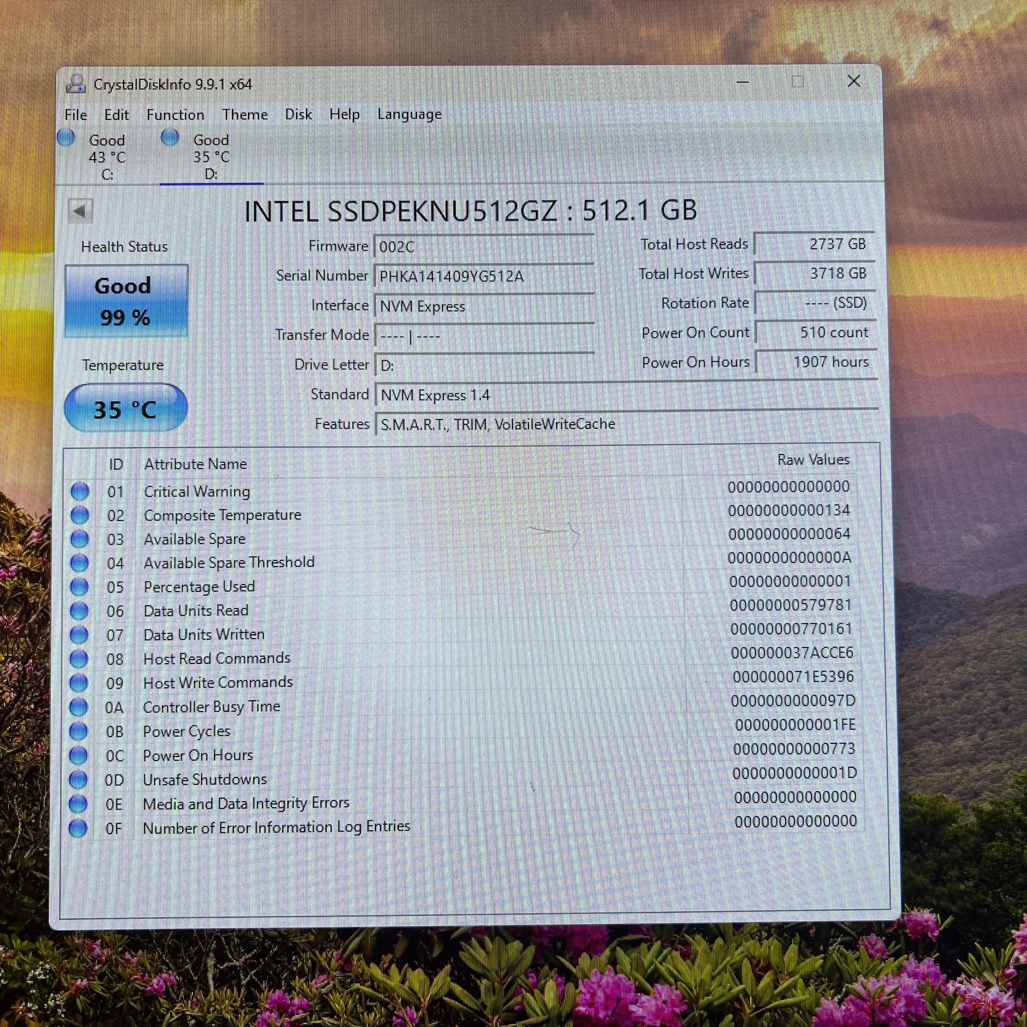 512GB PCIe Gen 3.0x4.0 M.2 NVMe Intel SSD 670p Series with DRAM Cache  - 99% Health