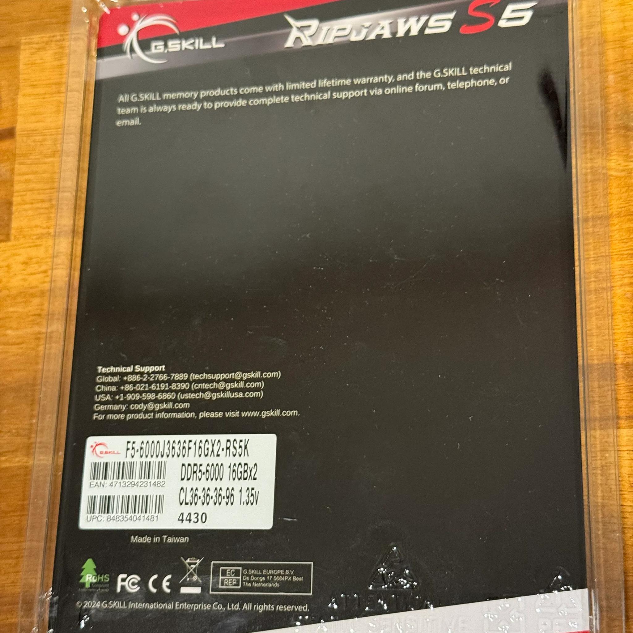 BRAND NEW 32GB (2x16GB) 6000MT/s G.SKILL Ripjaws S5 DDR5 RAM CL36-36-36-96